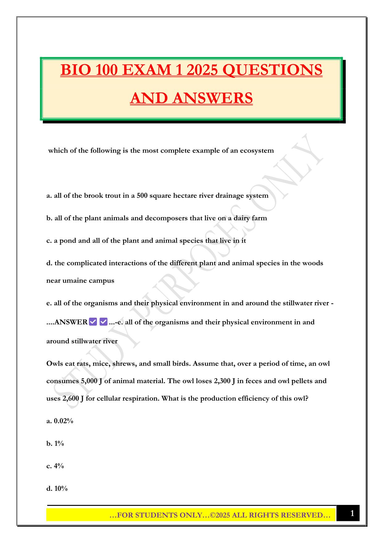 BIO 100 EXAM 1 2025 QUESTIONS AND ANSWERS