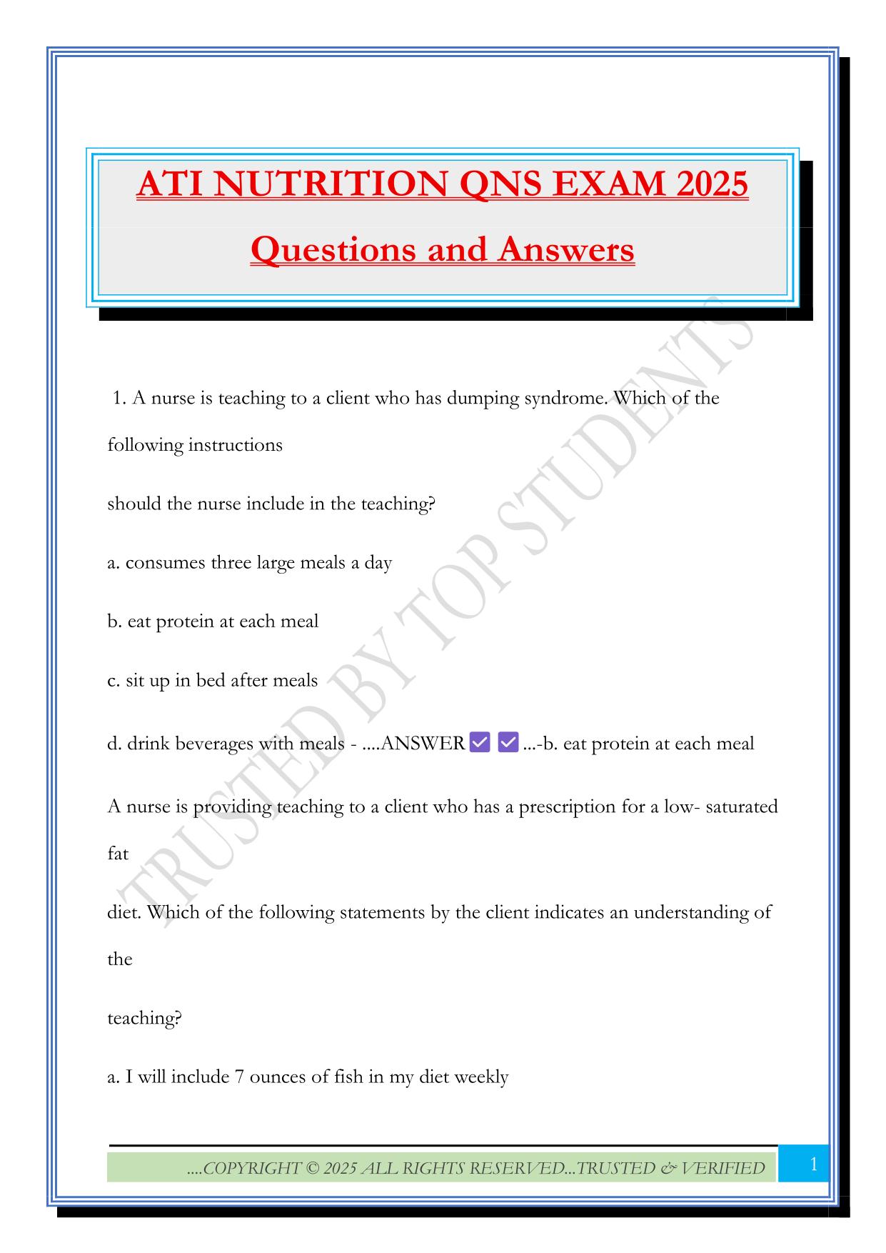ATI NUTRITION QNS EXAM 2025 Questions and Answers