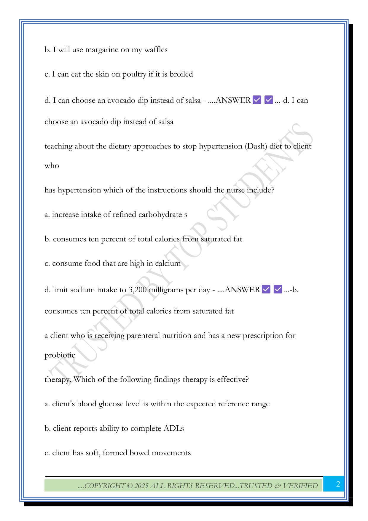 ATI NUTRITION QNS EXAM 2025 Questions and Answers