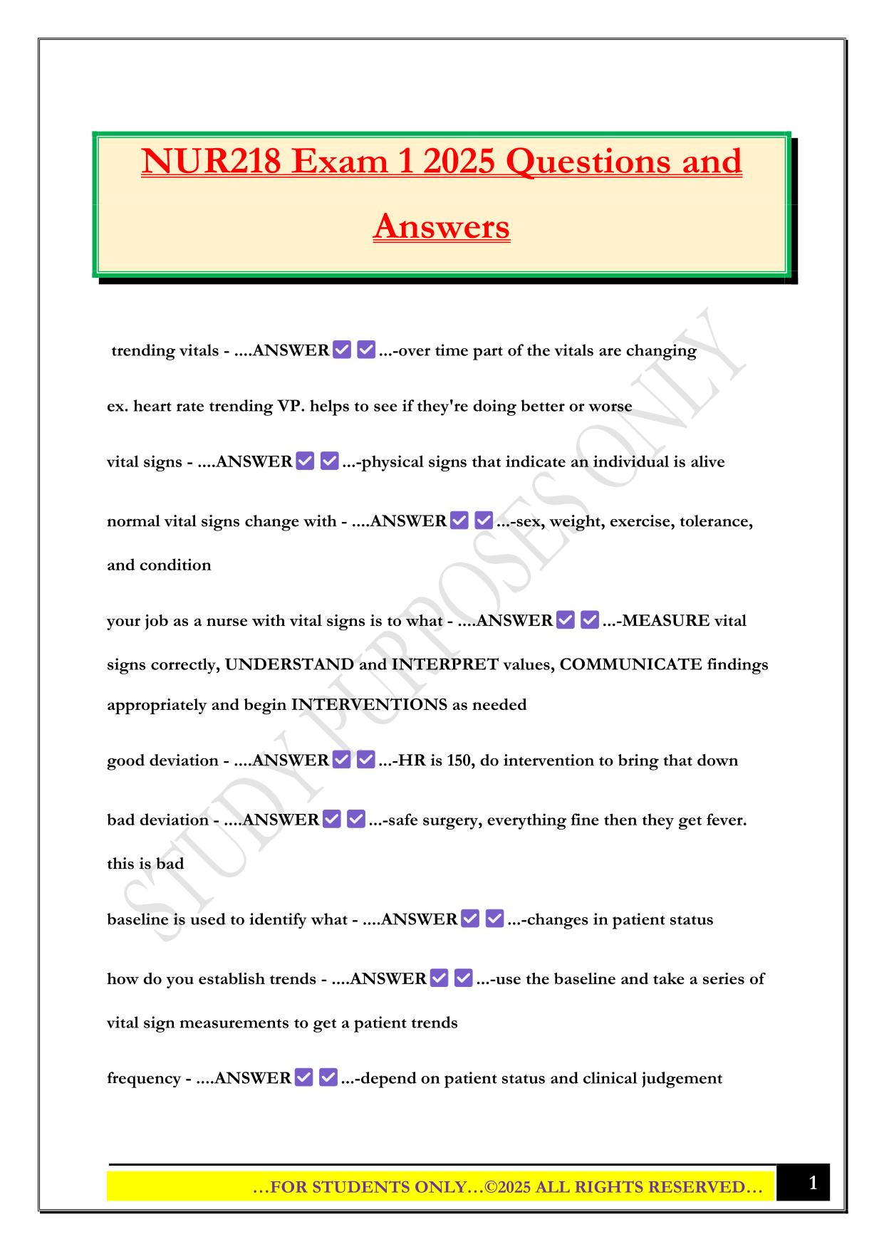 NUR218 Exam 1 2025 Questions and Answers