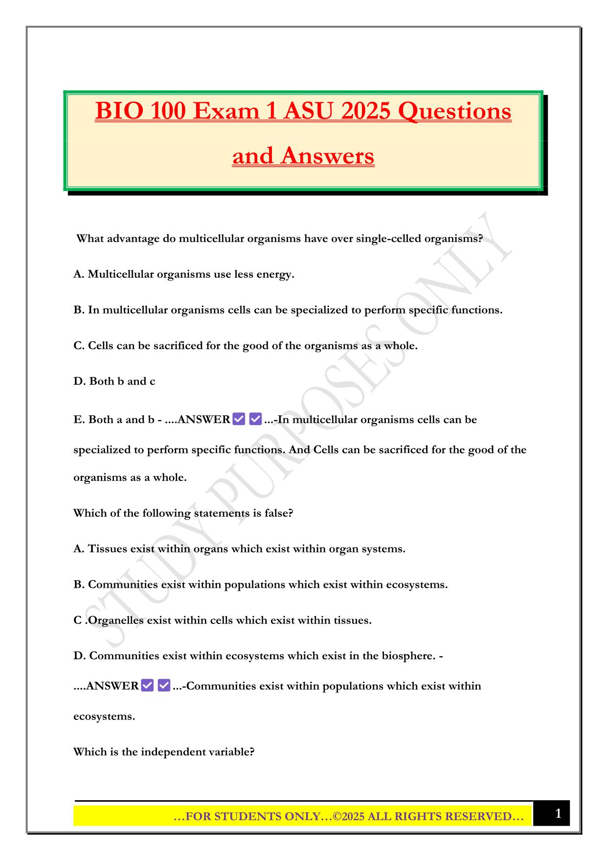 BIO 100 Exam 1 ASU 2025 Questions and Answers