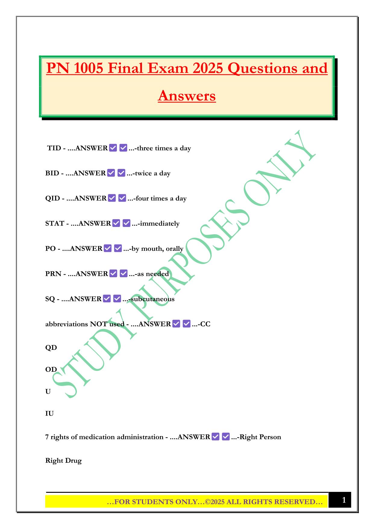 PN 1005 Final Exam 2025 Questions and Answers