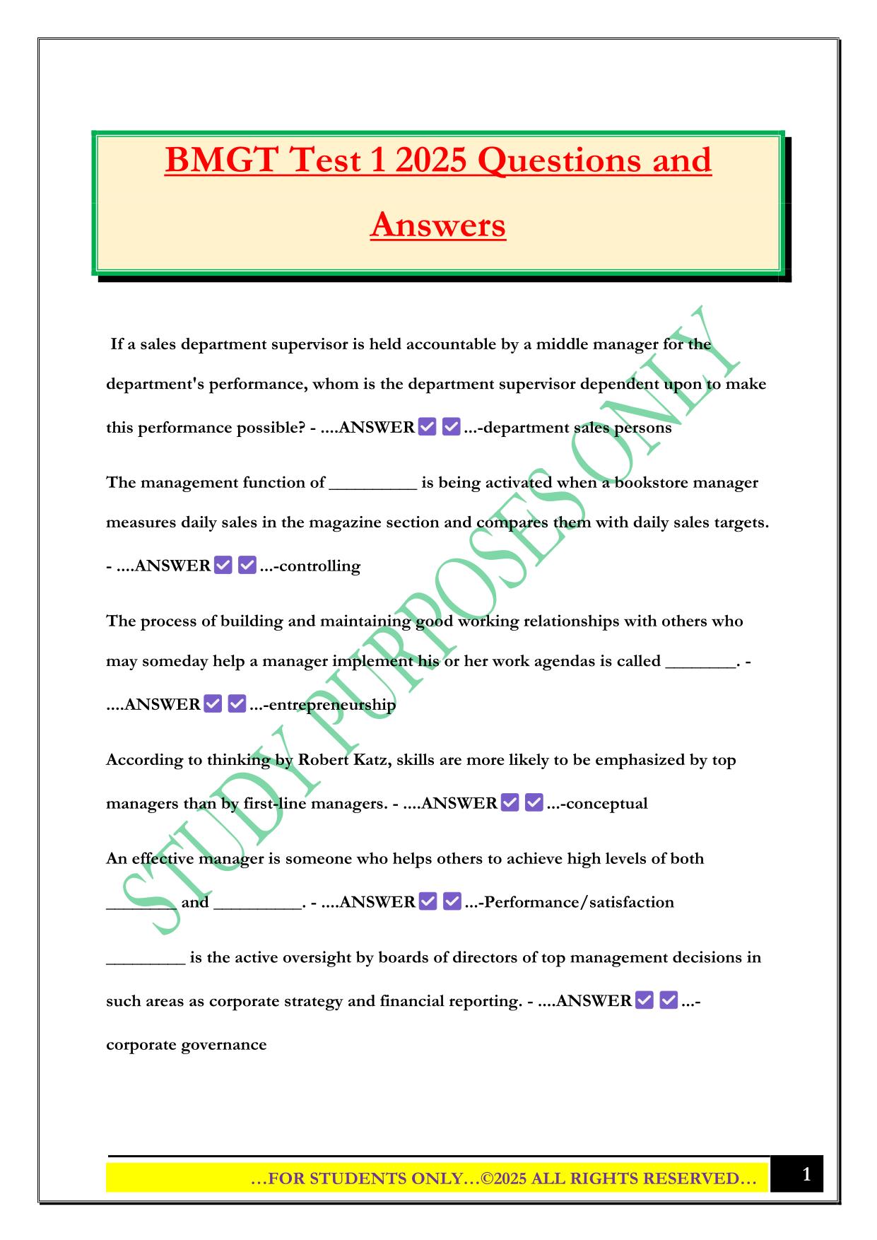 BMGT Test 1 2025 Questions and Answers