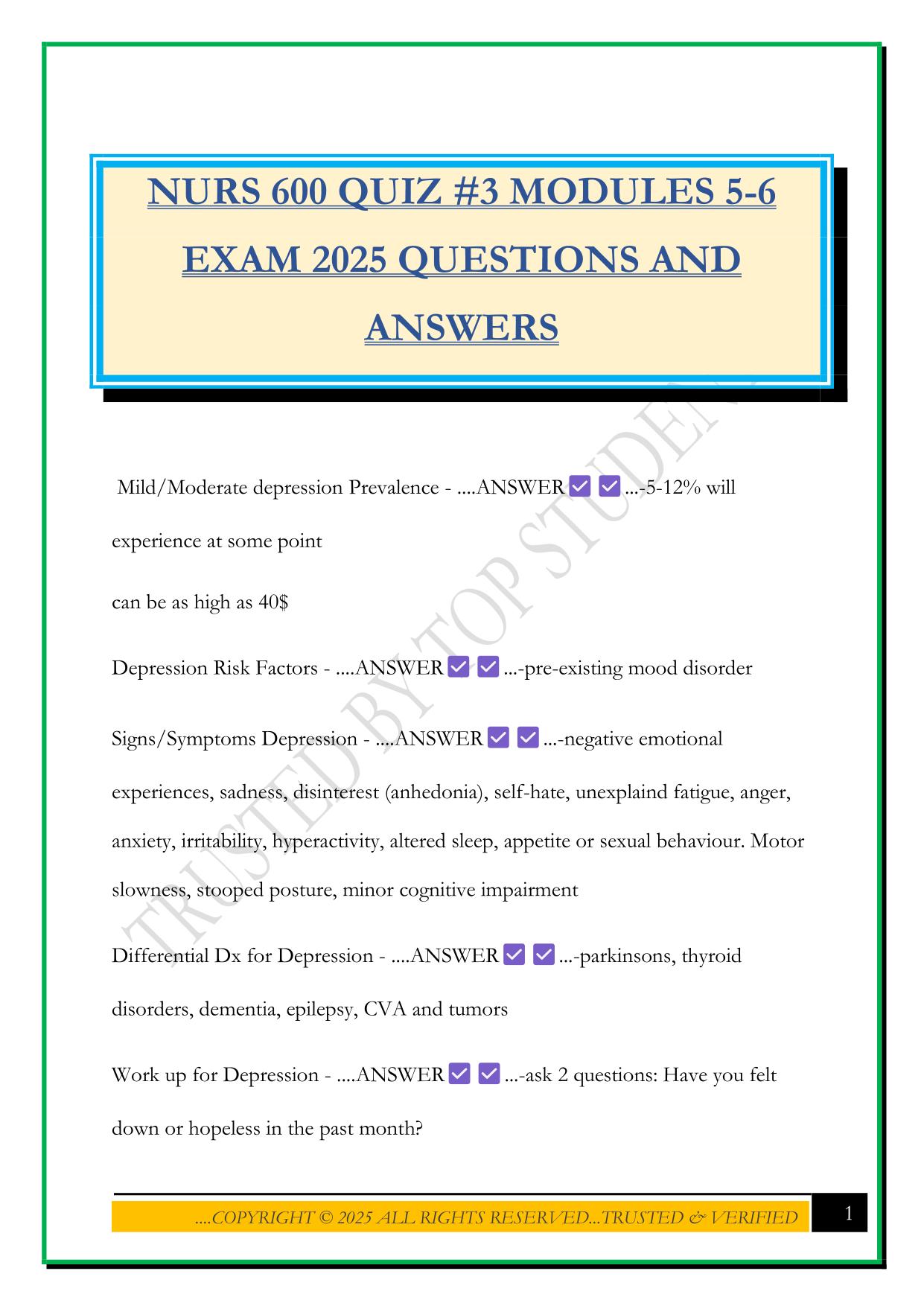 NURS 600 QUIZ #3 MODULES 5-6 EXAM 2025 QUESTIONS AND ANSWERS