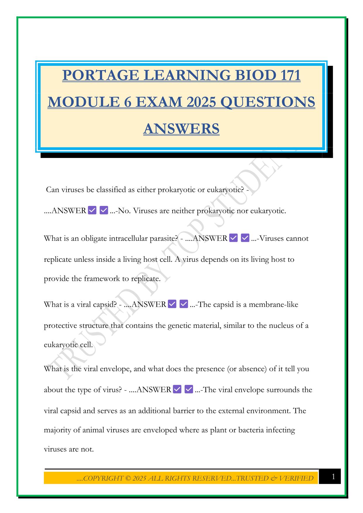 PORTAGE LEARNING BIOD 171 MODULE 6 EXAM 2025 QUESTIONS ANSWERS