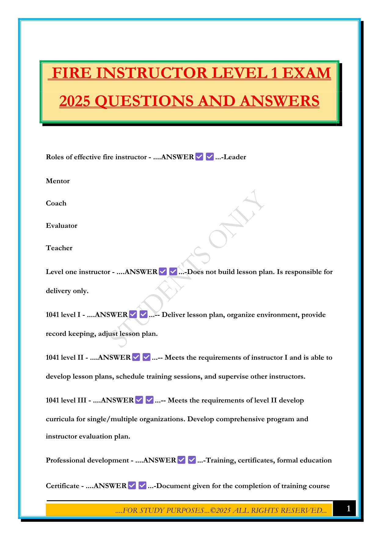 FIRE INSTRUCTOR LEVEL 1 EXAM 2025 QUESTIONS AND ANSWERS