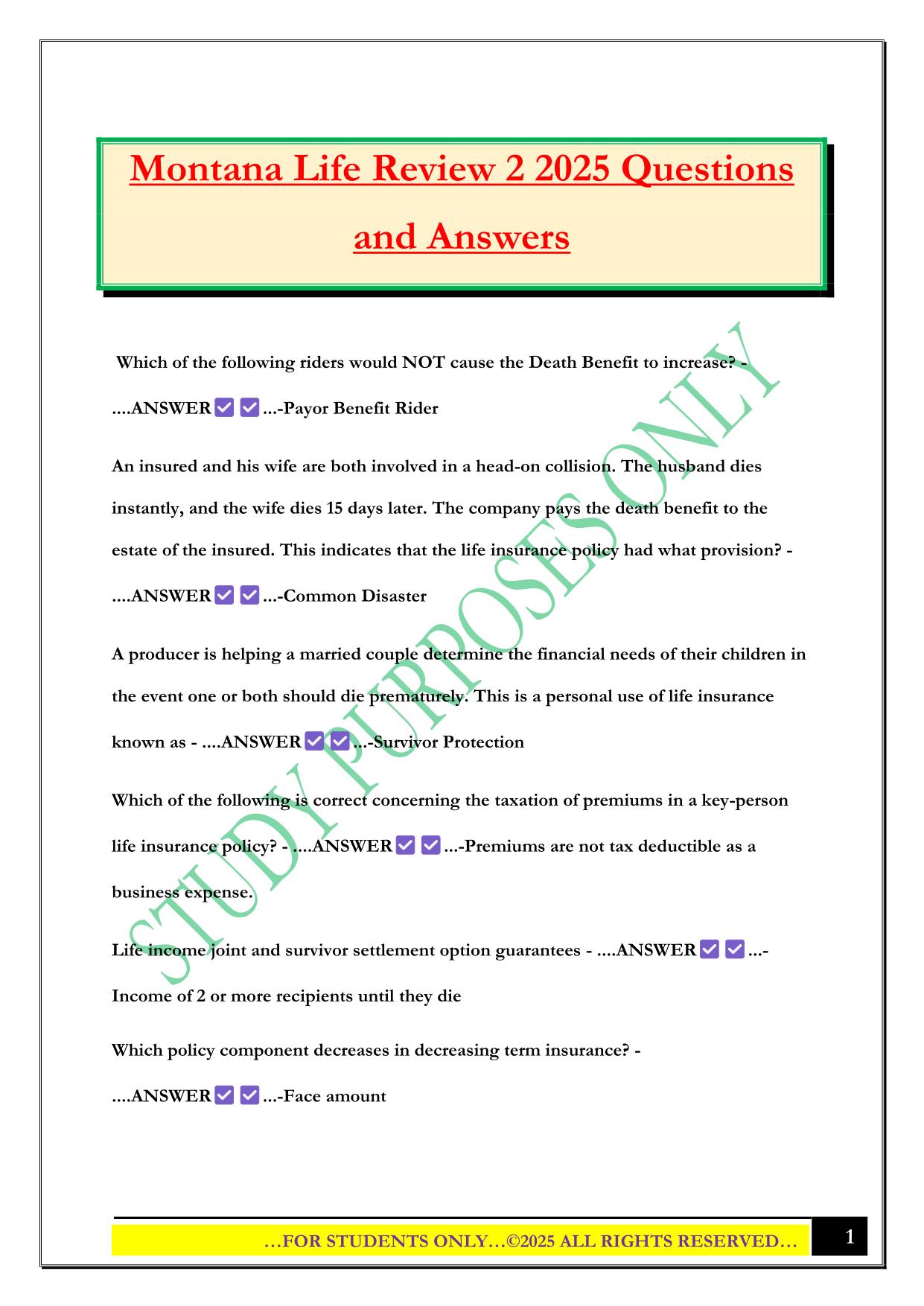Montana Life Review 2 2025 Questions and Answers