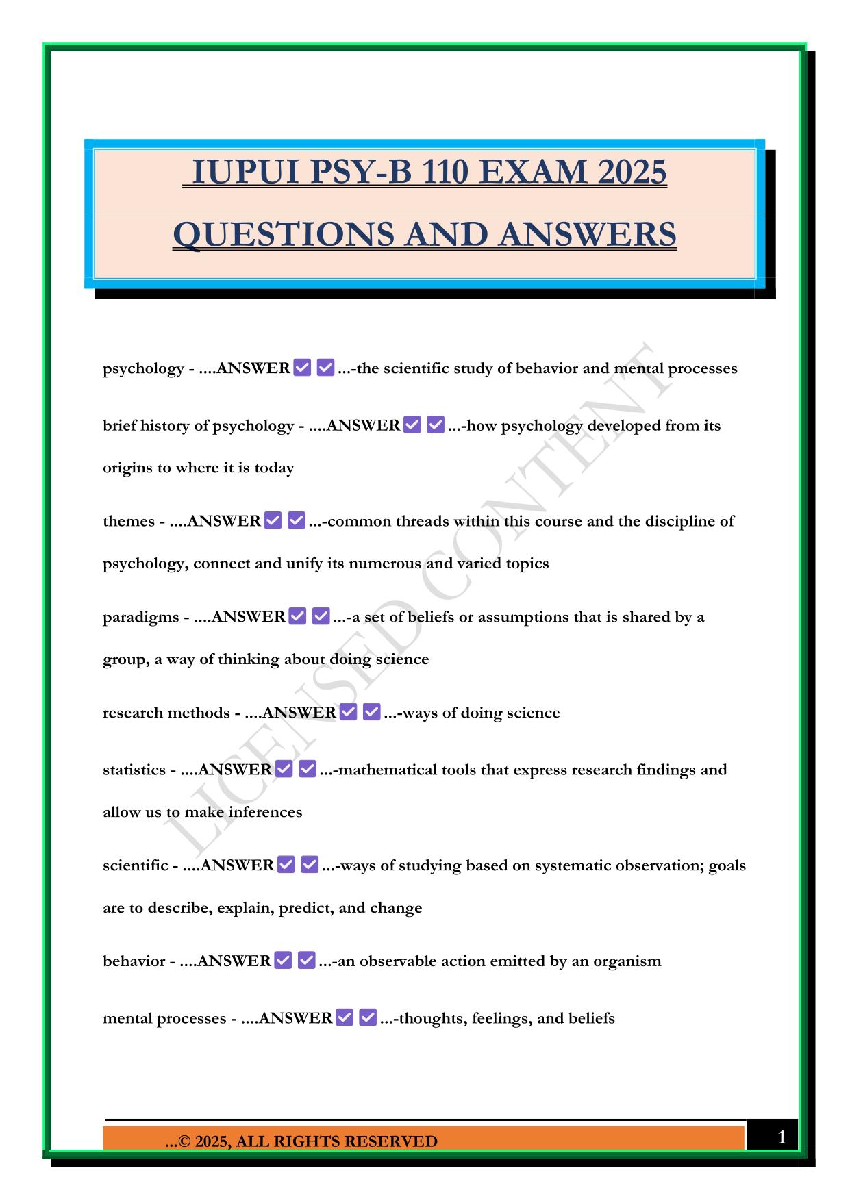 IUPUI PSY-B 110 EXAM 2025 QUESTIONS AND ANSWERS
