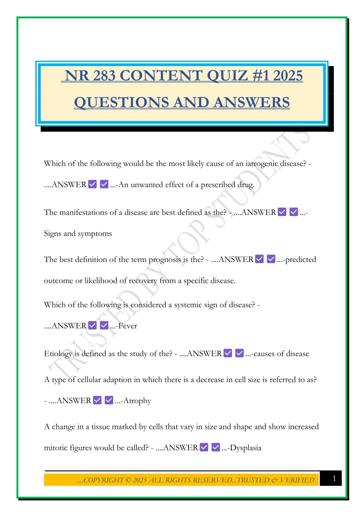 NR 283 CONTENT QUIZ #1 2025 QUESTIONS AND ANSWERS