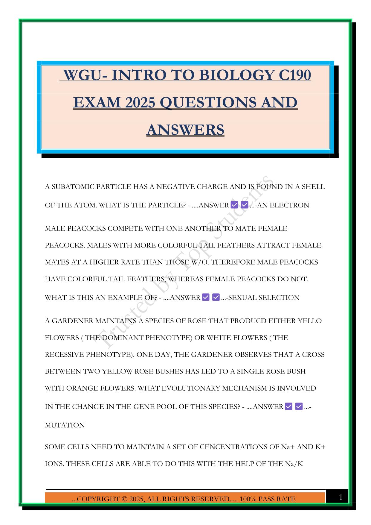 WGU- INTRO TO BIOLOGY C190 EXAM 2025 QUESTIONS AND ANSWERS