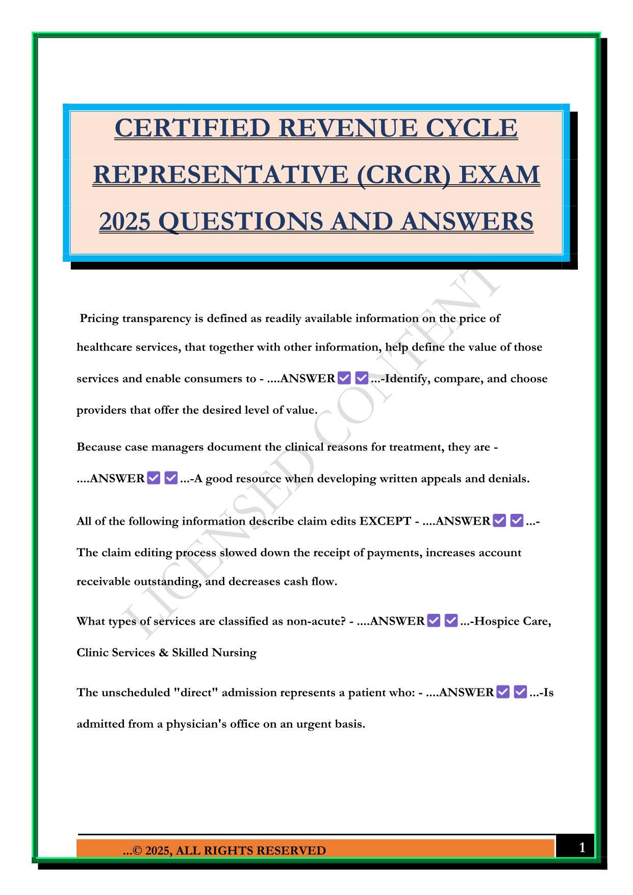 CERTIFIED REVENUE CYCLE REPRESENTATIVE (CRCR) EXAM 2025 QUESTIONS AND ANSWERS