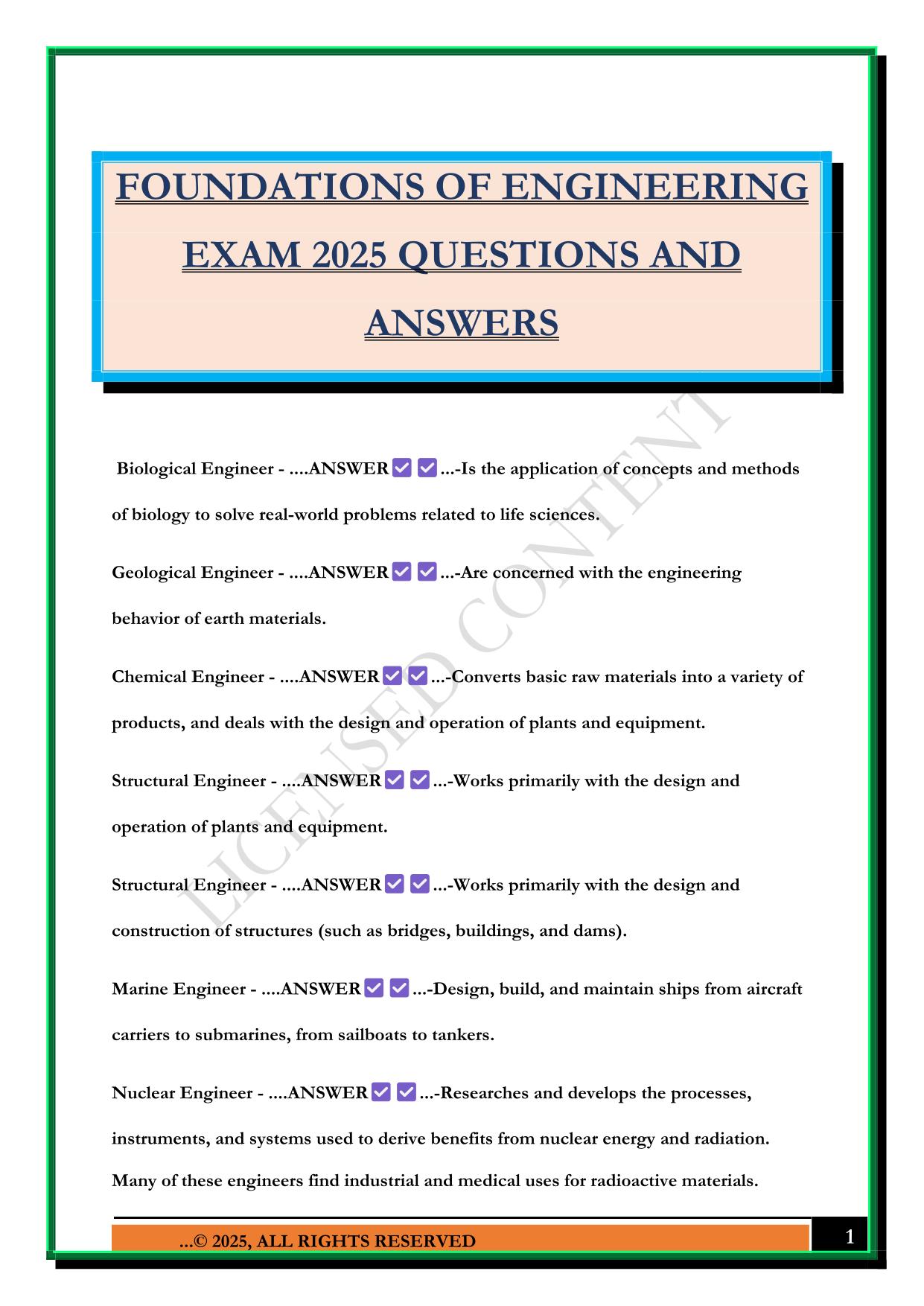 FOUNDATIONS OF ENGINEERING EXAM 2025 QUESTIONS AND ANSWERS