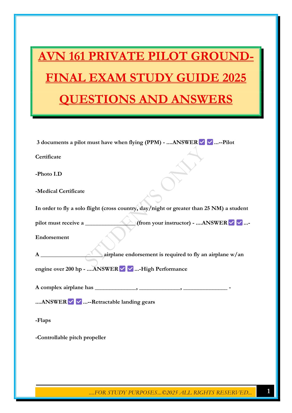AVN 161 PRIVATE PILOT GROUND- FINAL EXAM STUDY GUIDE 2025 QUESTIONS AND ANSWERS