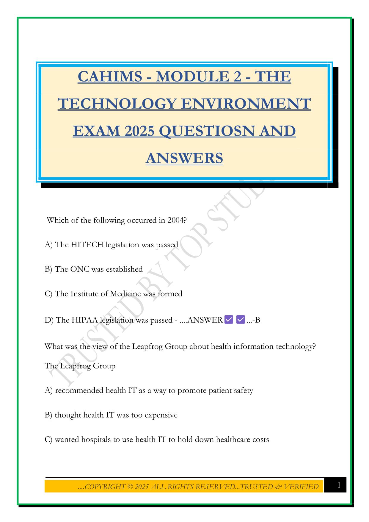 CAHIMS - MODULE 2 - THE TECHNOLOGY ENVIRONMENT EXAM 2025 QUESTIOSN AND ANSWERS