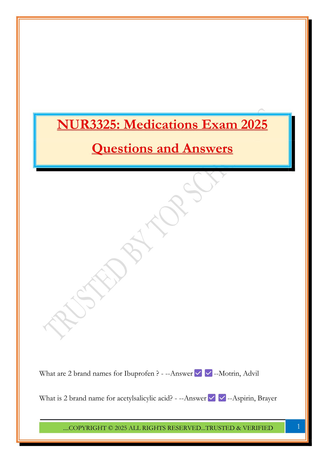 NUR3325: Medications Exam 2025 Questions and Answers