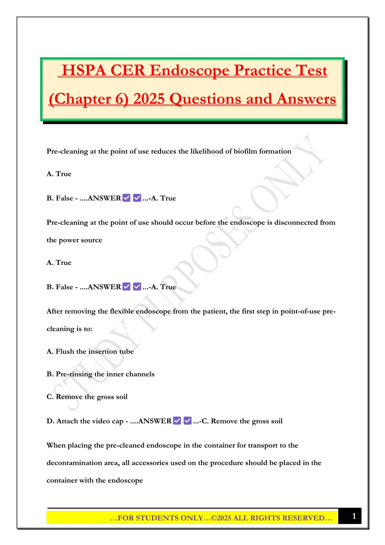 HSPA CER Endoscope Practice Test (Chapter 6) 2025 Questions and Answers