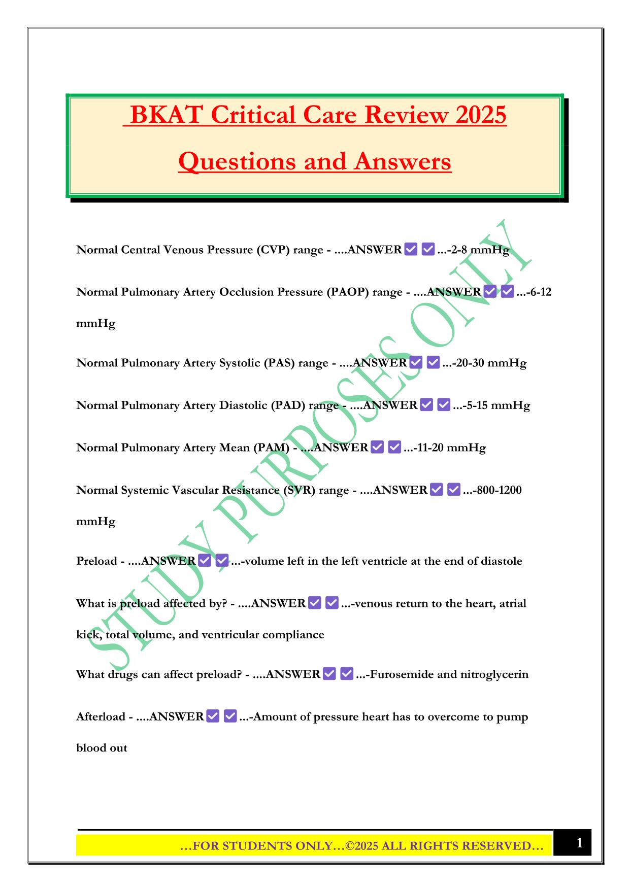 BKAT Critical Care Review 2025 Questions and Answers