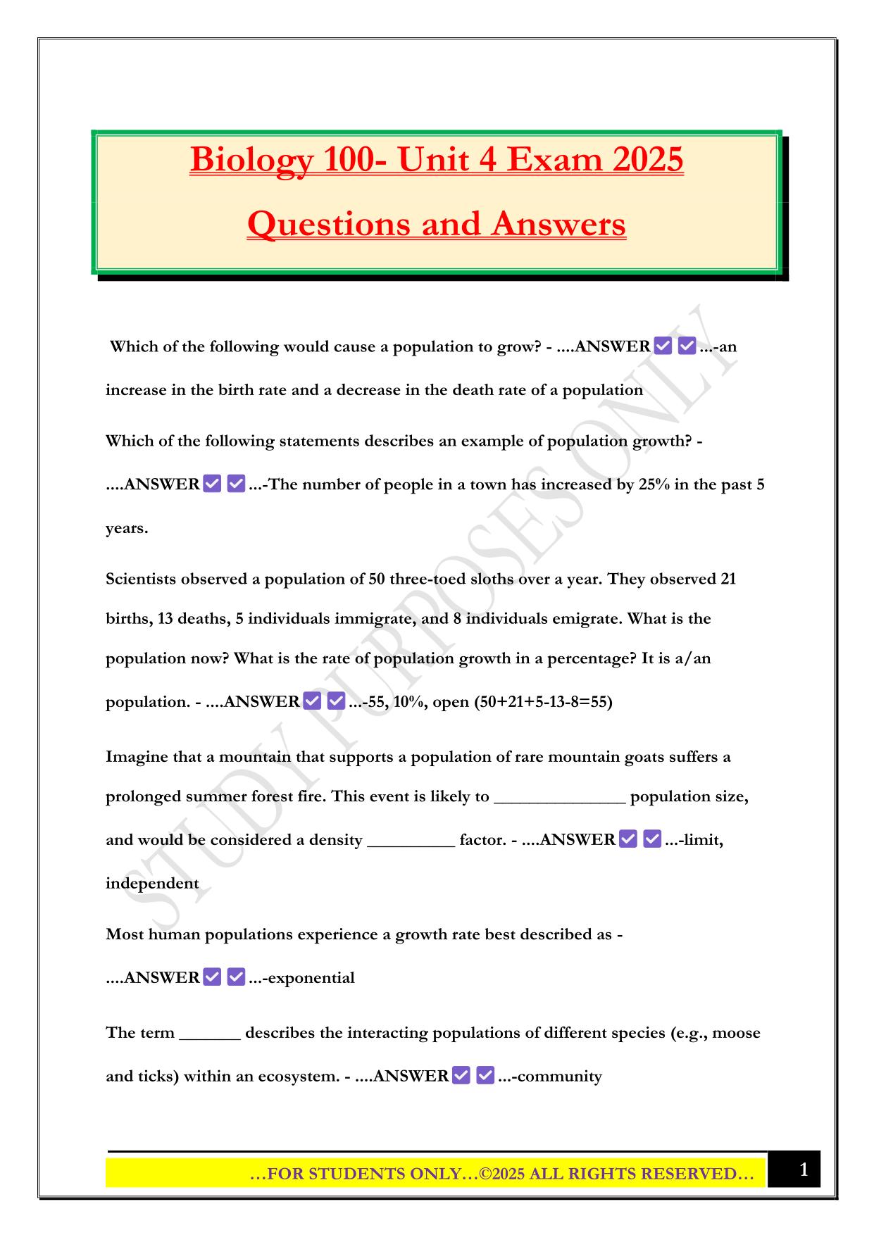 Biology 100- Unit 4 Exam 2025 Questions and Answers
