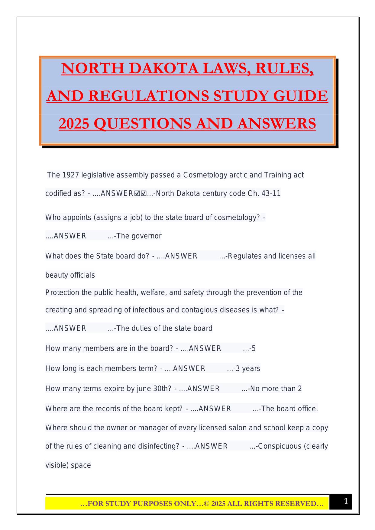 NORTH DAKOTA LAWS, RULES, AND REGULATIONS STUDY GUIDE 2025 QUESTIONS AND ANSWERS