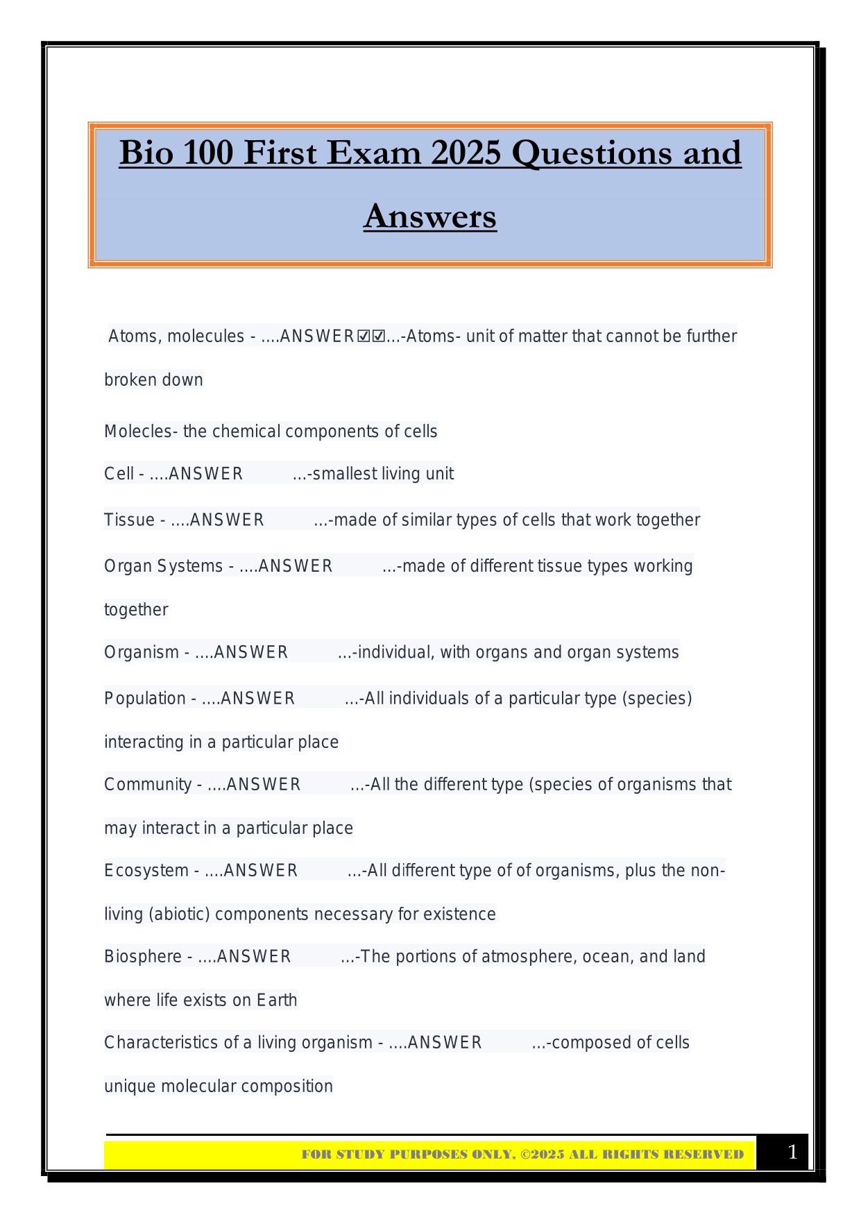 Bio 100 First Exam 2025 Questions and Answers