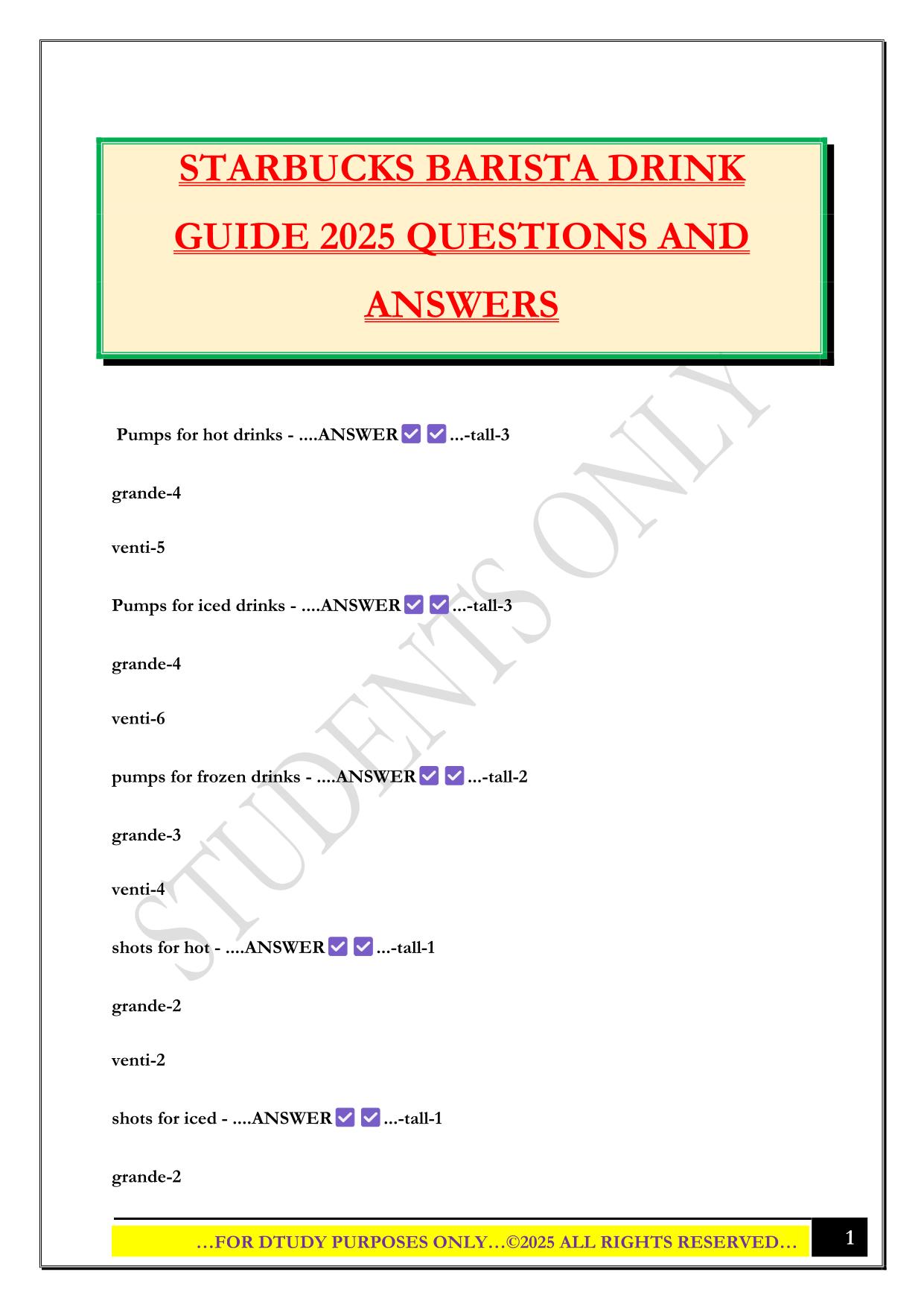 STARBUCKS BARISTA DRINK GUIDE 2025 QUESTIONS AND ANSWERS