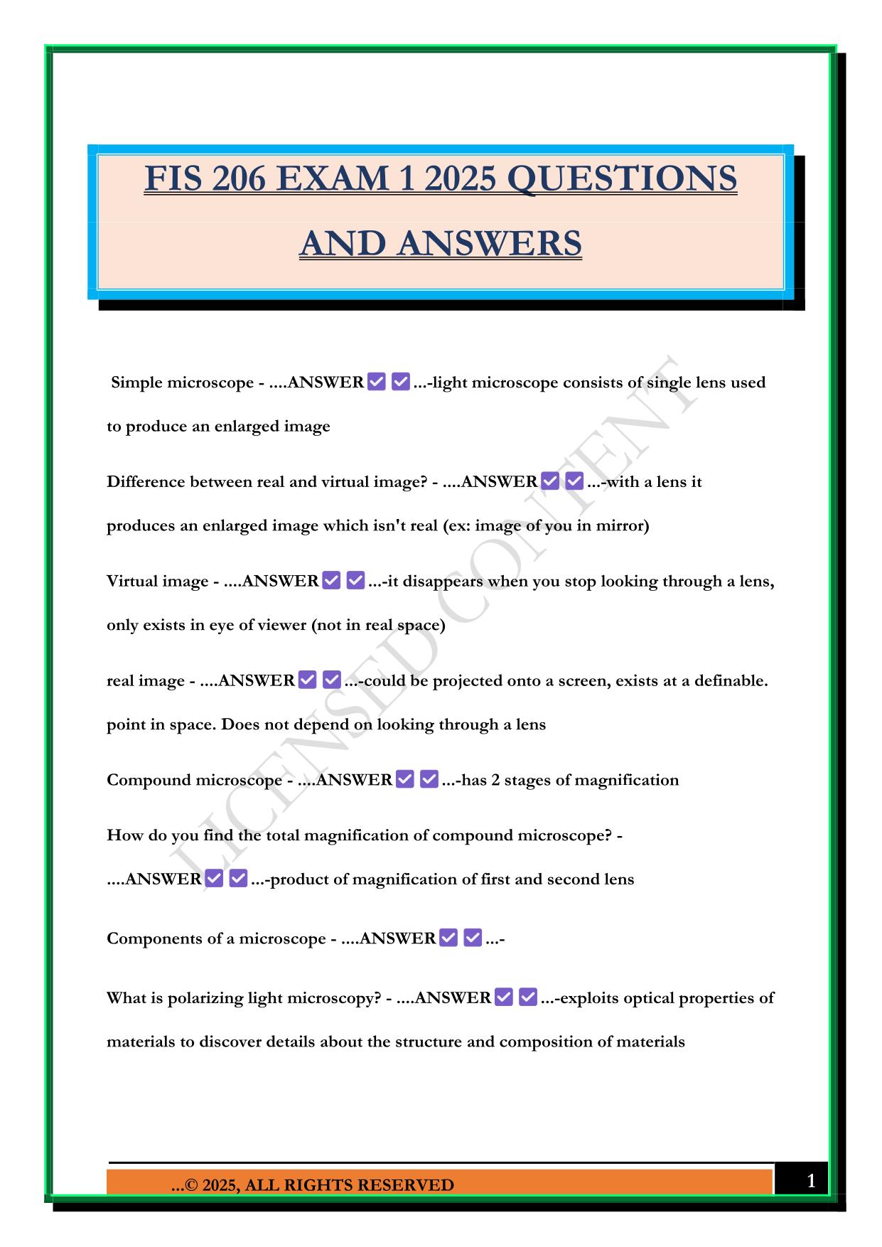FIS 206 EXAM 1 2025 QUESTIONS AND ANSWERS