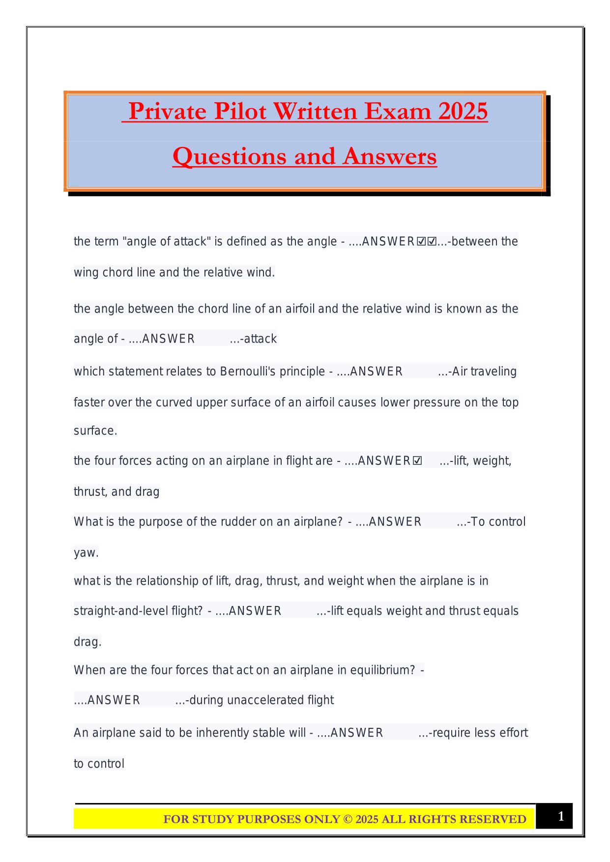 Private Pilot Written Exam 2025 Questions and Answers