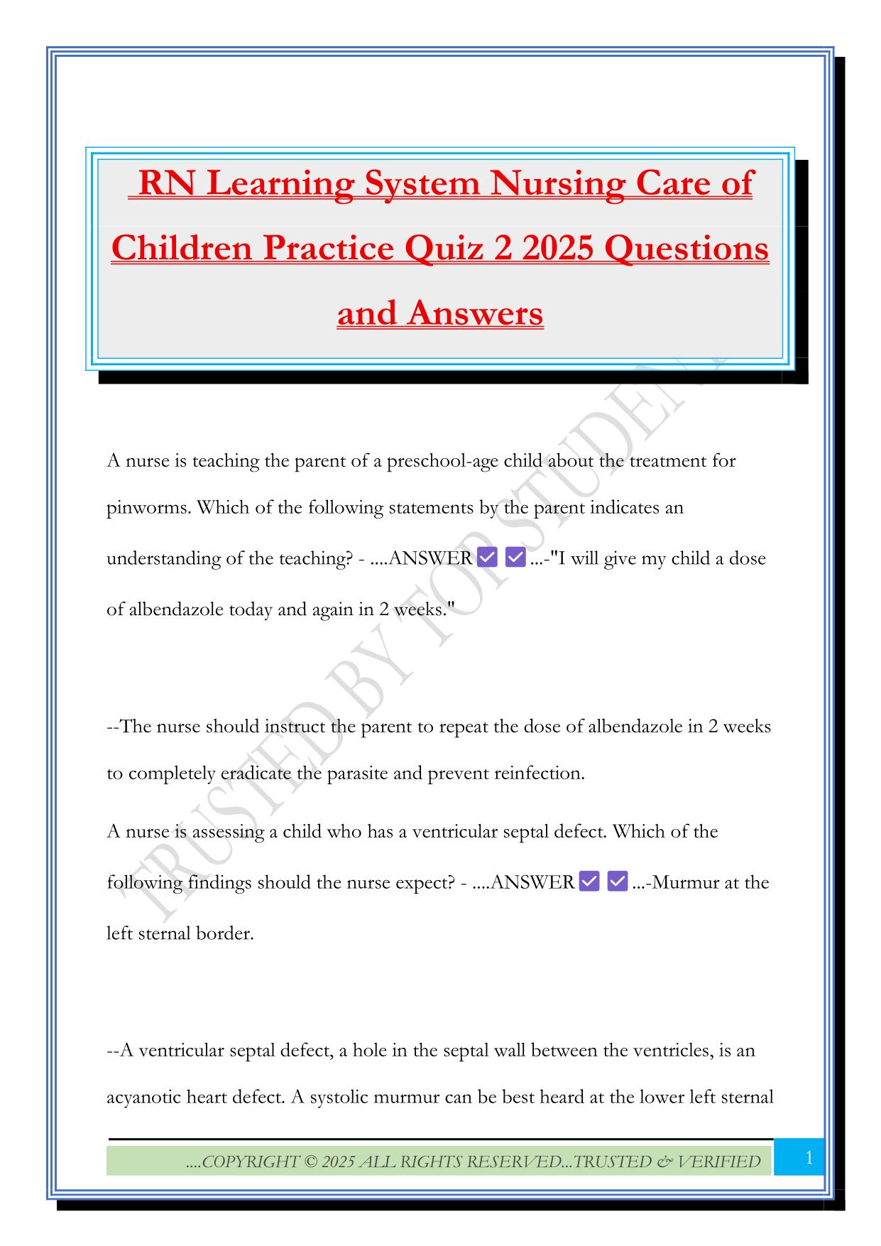 RN Learning System Nursing Care of Children Practice Quiz 2 2025 Questions and Answers