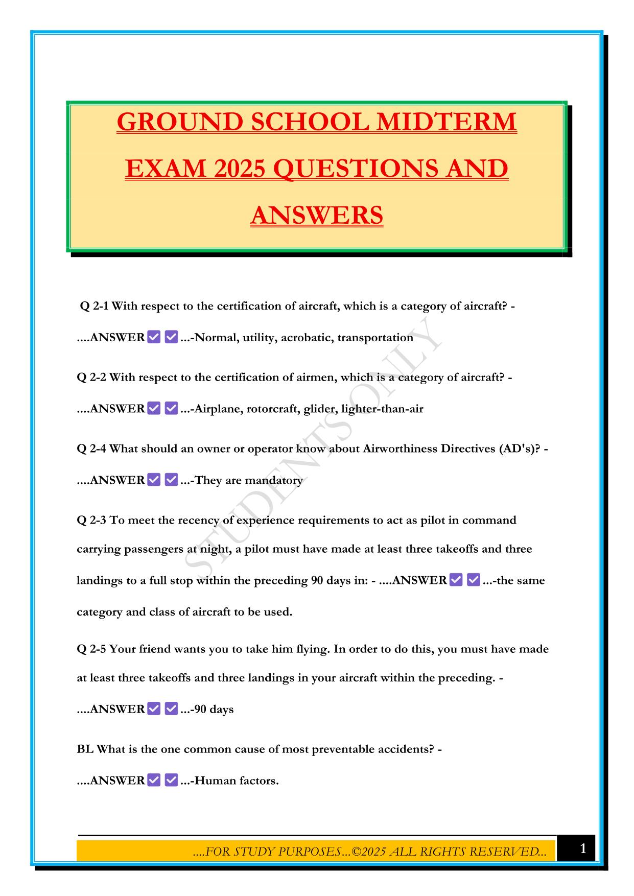 GROUND SCHOOL MIDTERM EXAM 2025 QUESTIONS AND ANSWERS