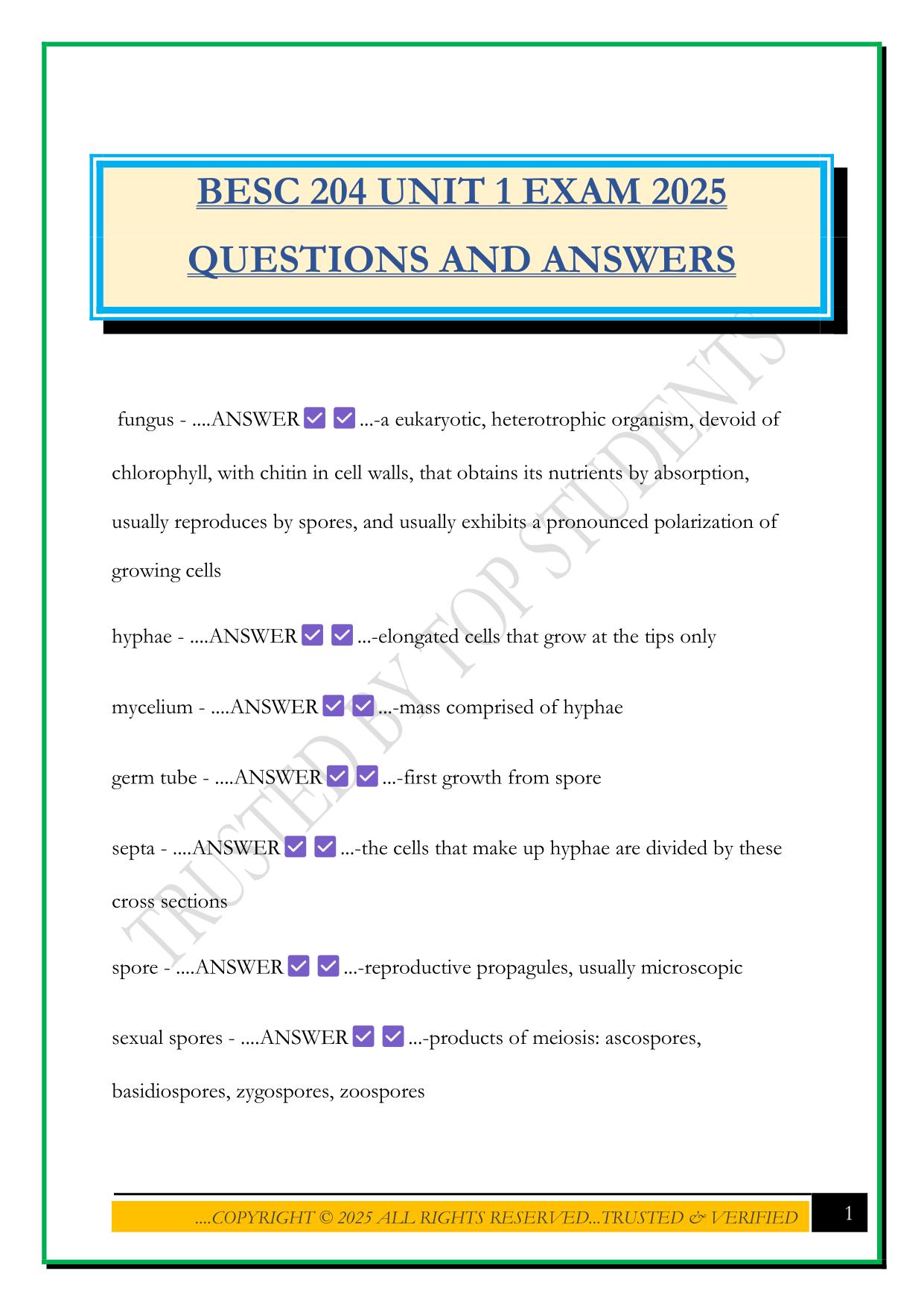 BESC 204 UNIT 1 EXAM 2025 QUESTIONS AND ANSWERS