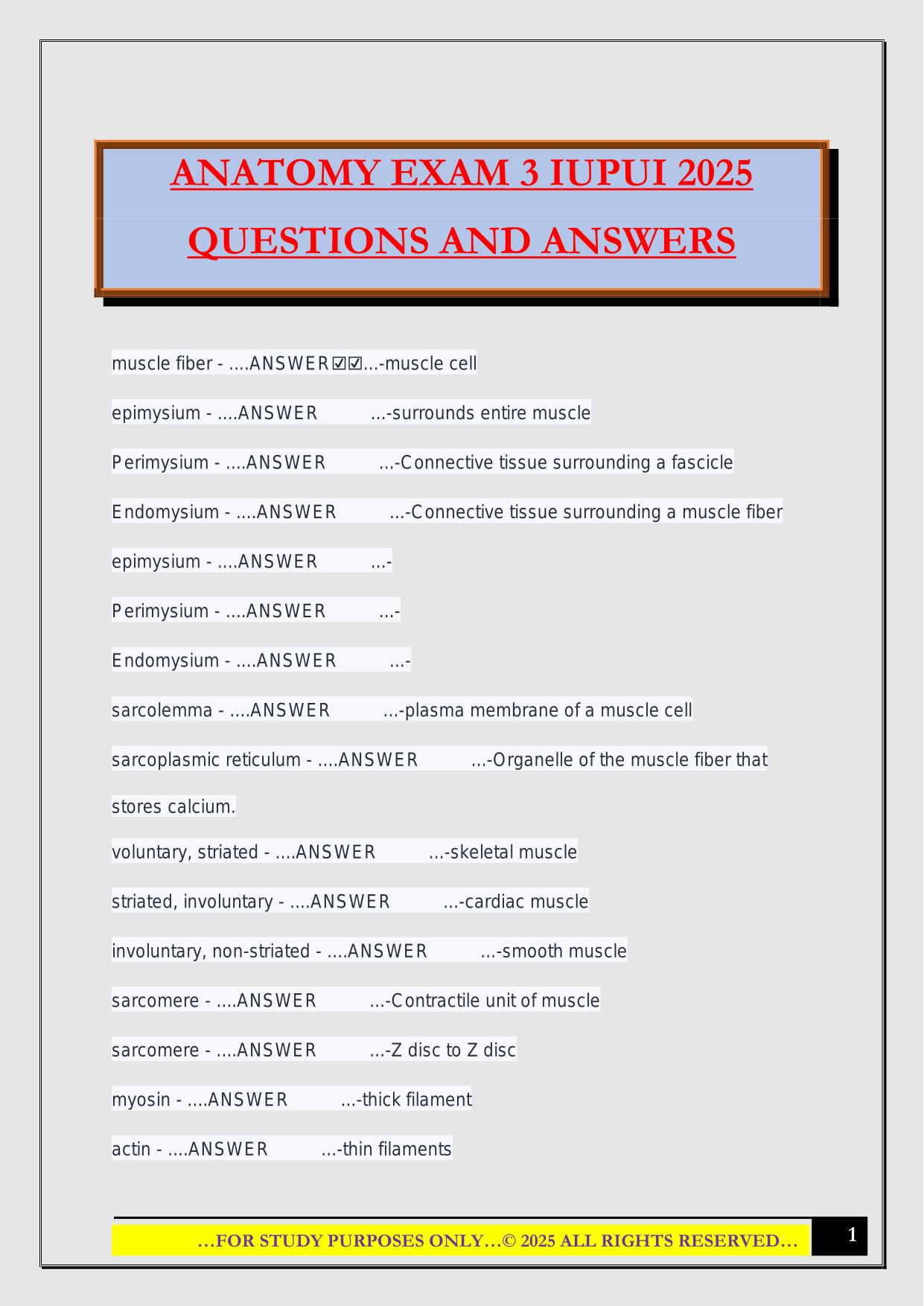 ANATOMY EXAM 3 IUPUI 2025 QUESTIONS AND ANSWERS