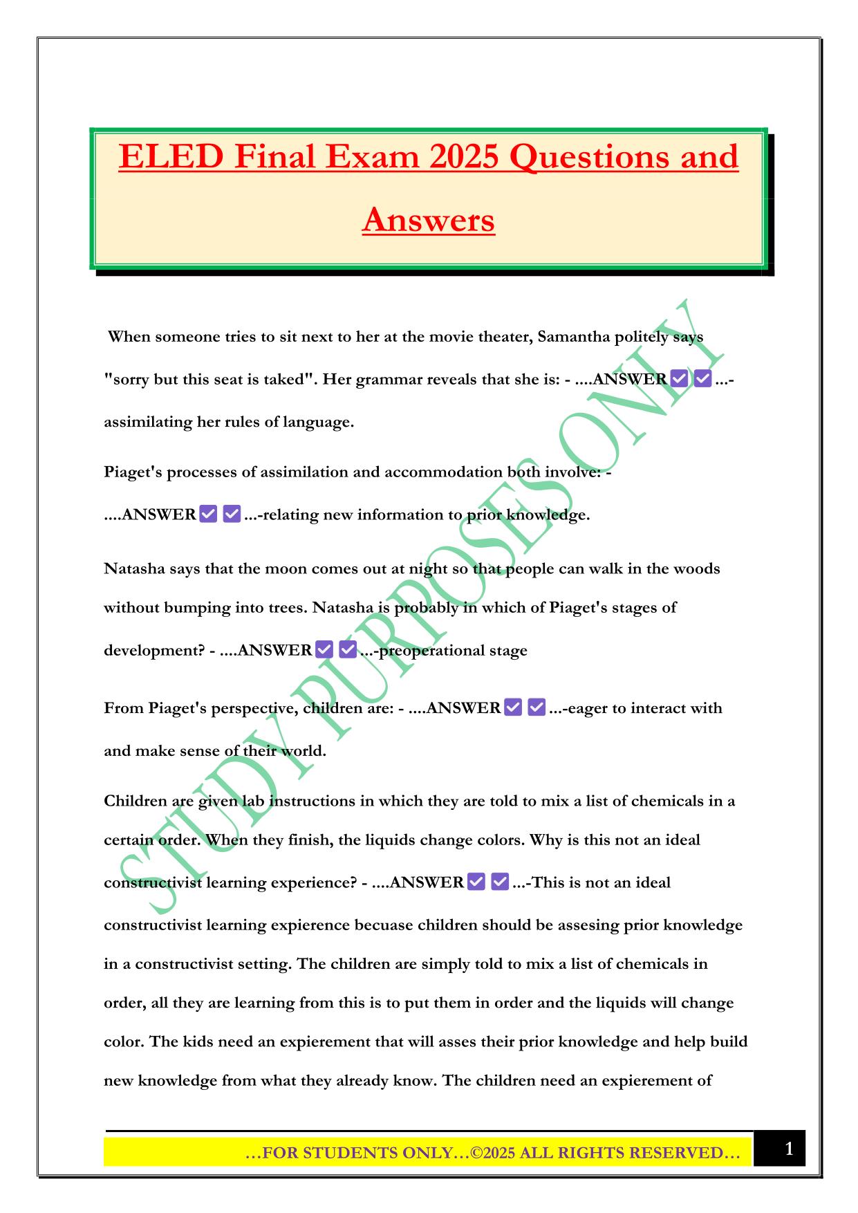 ELED Final Exam 2025 Questions and Answers