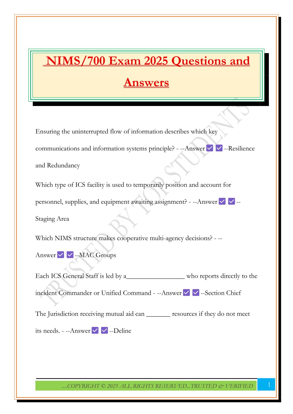 NIMS/700 Exam 2025 Questions and Answers