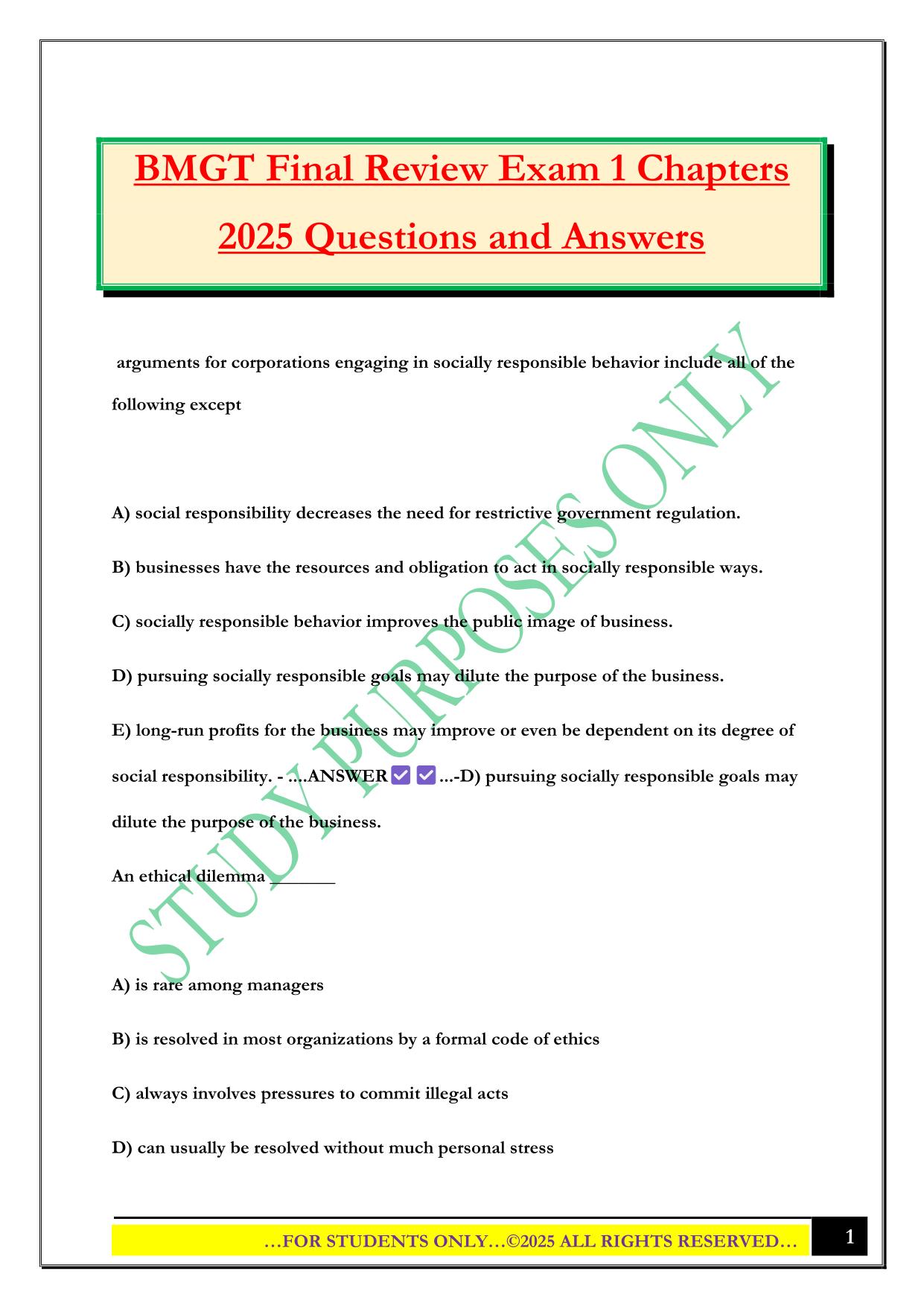 BMGT Final Review Exam 1 Chapters 2025 Questions and Answers