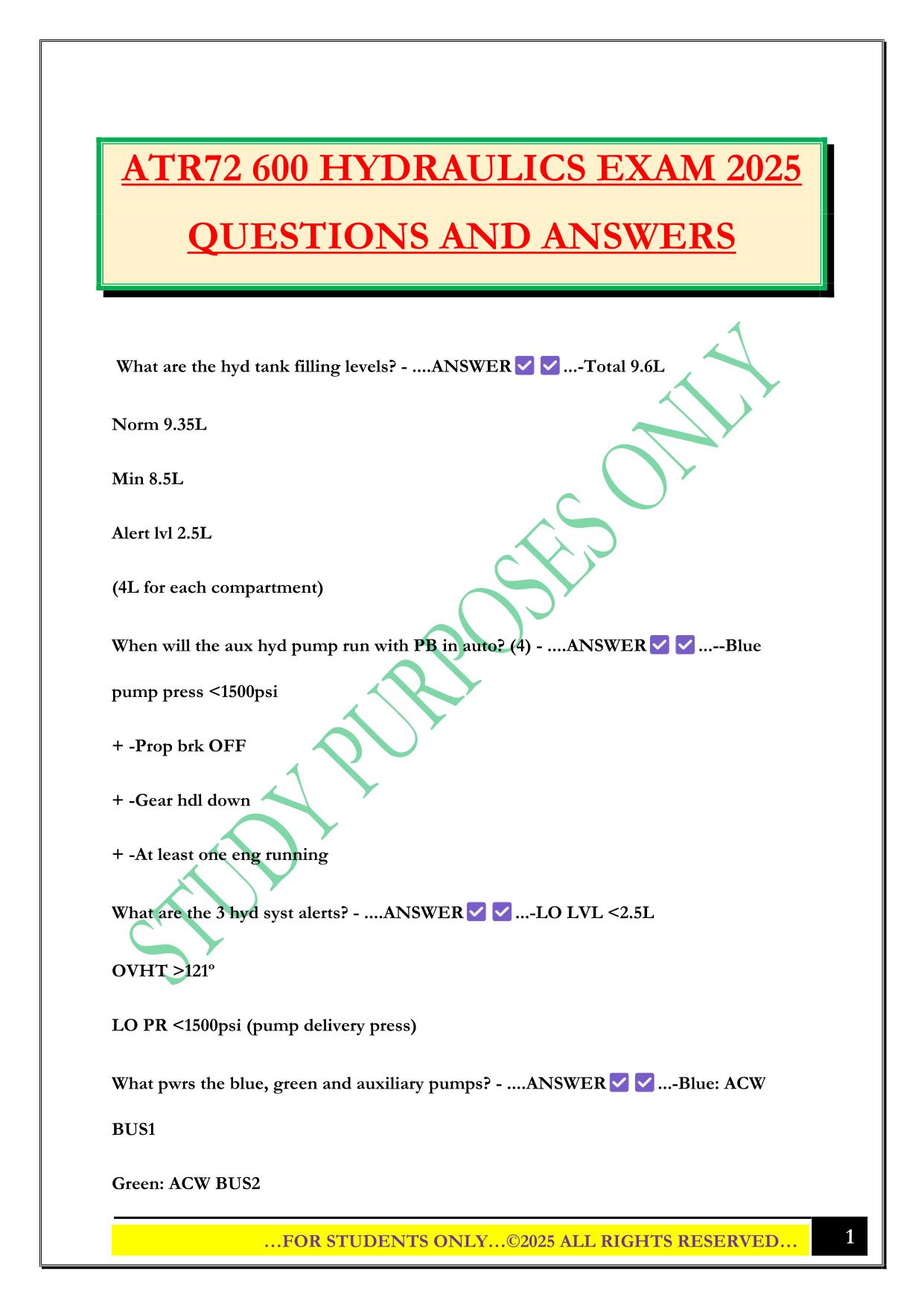 ATR72 600 HYDRAULICS EXAM 2025 QUESTIONS AND ANSWERS
