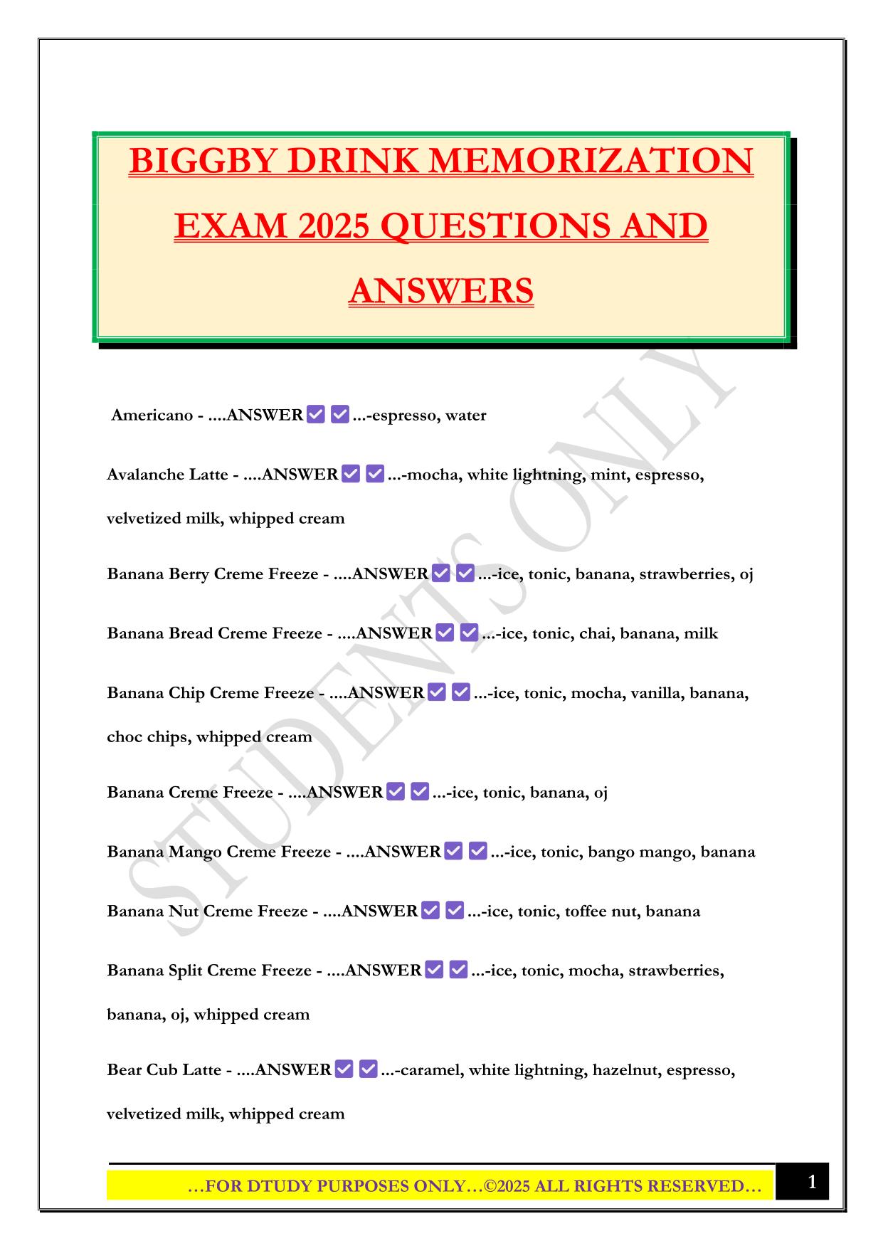 BIGGBY DRINK MEMORIZATION EXAM 2025 QUESTIONS AND ANSWERS
