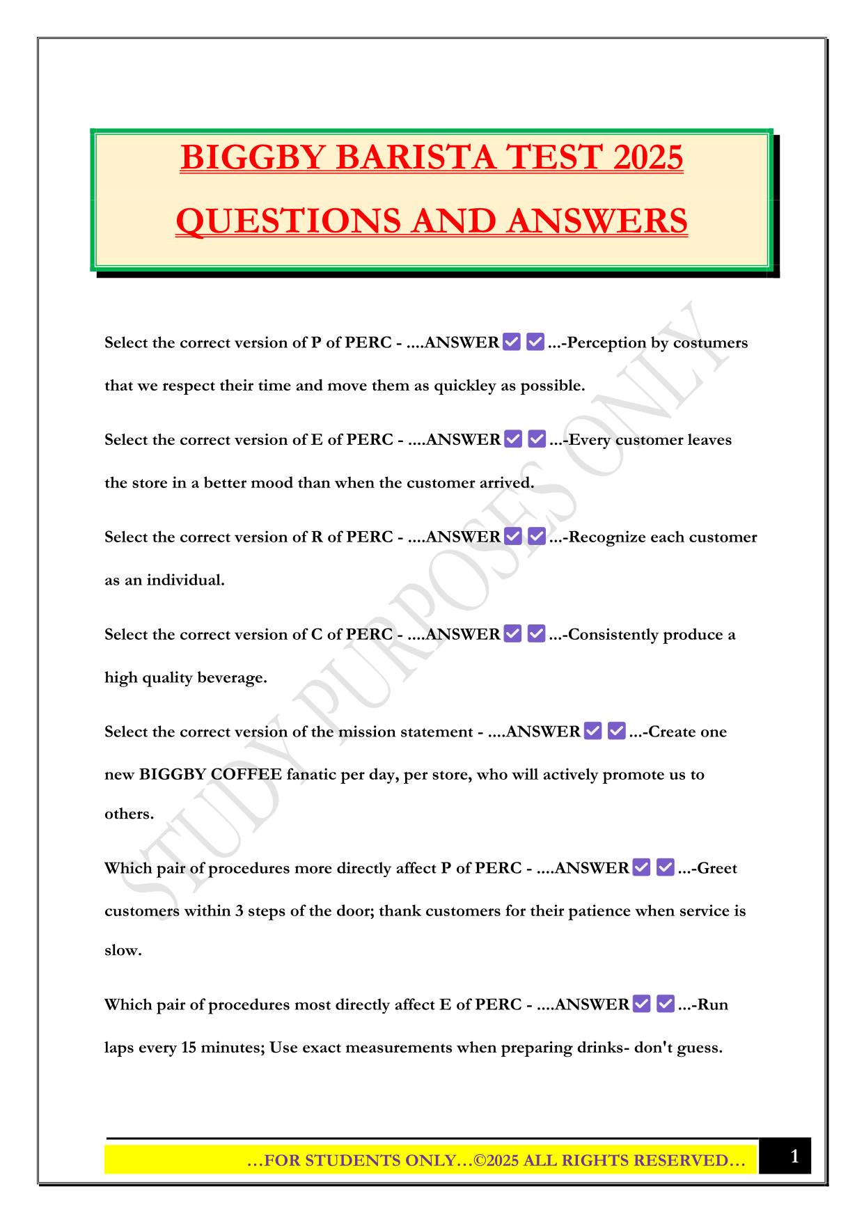 BIGGBY BARISTA TEST 2025 QUESTIONS AND ANSWERS