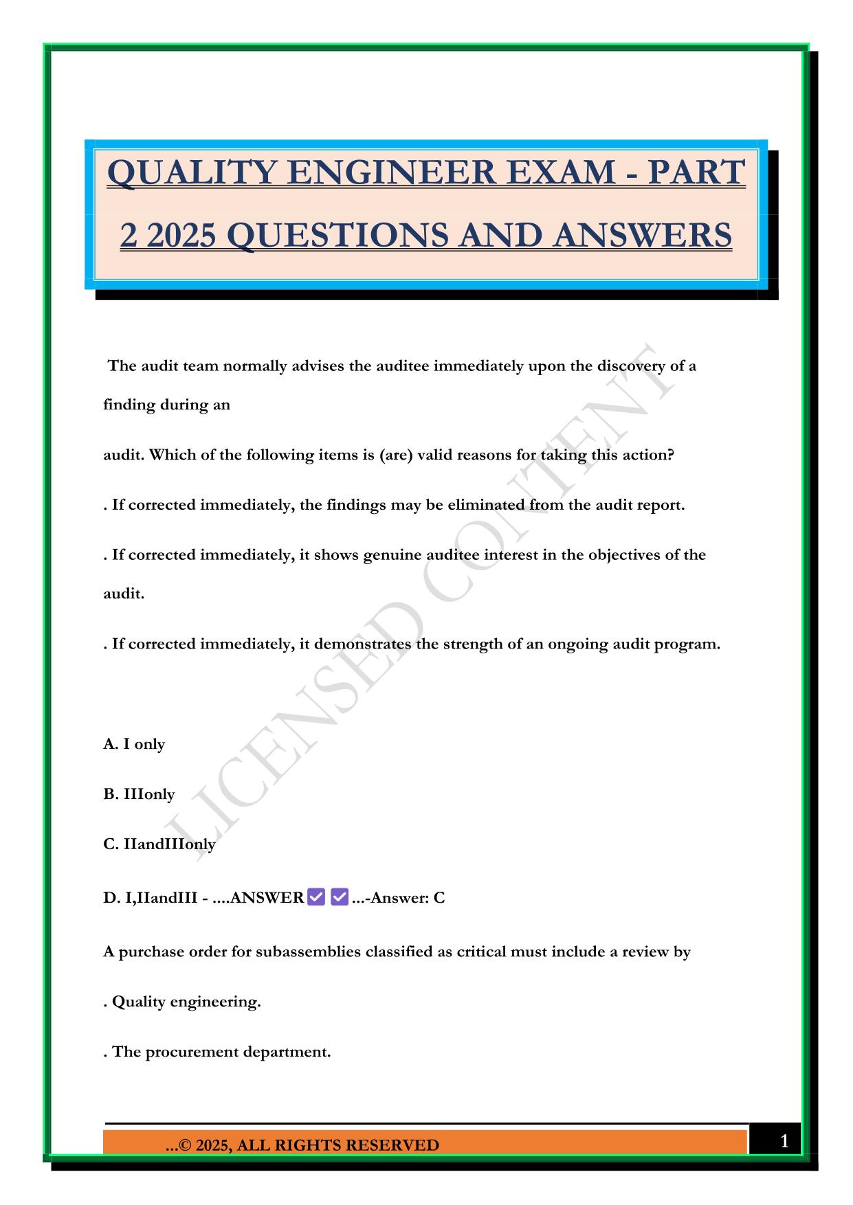 QUALITY ENGINEER EXAM - PART 2 2025 QUESTIONS AND ANSWERS
