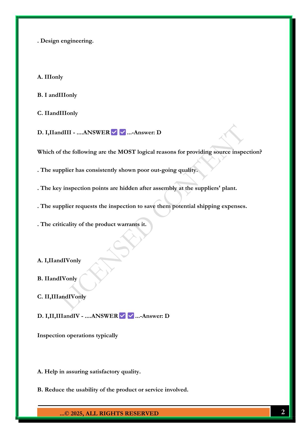 QUALITY ENGINEER EXAM - PART 2 2025 QUESTIONS AND ANSWERS