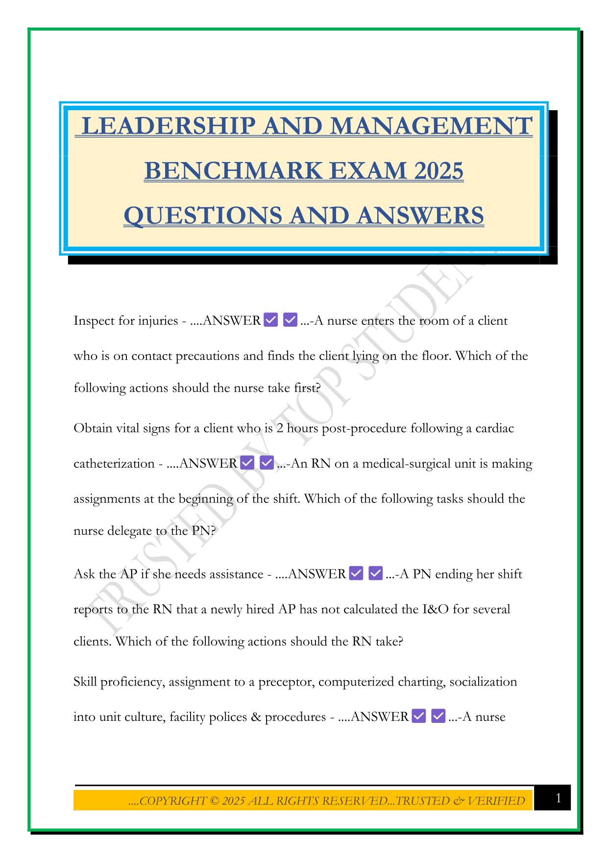 LEADERSHIP AND MANAGEMENT BENCHMARK EXAM 2025 QUESTIONS AND ANSWERS