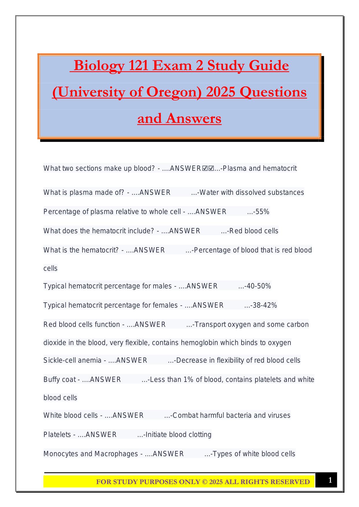 Biology 121 Exam 2 Study Guide (University of Oregon) 2025 Questions and Answers