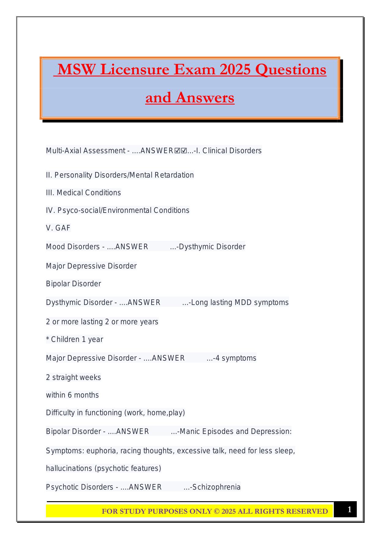MSW Licensure Exam 2025 Questions and Answers
