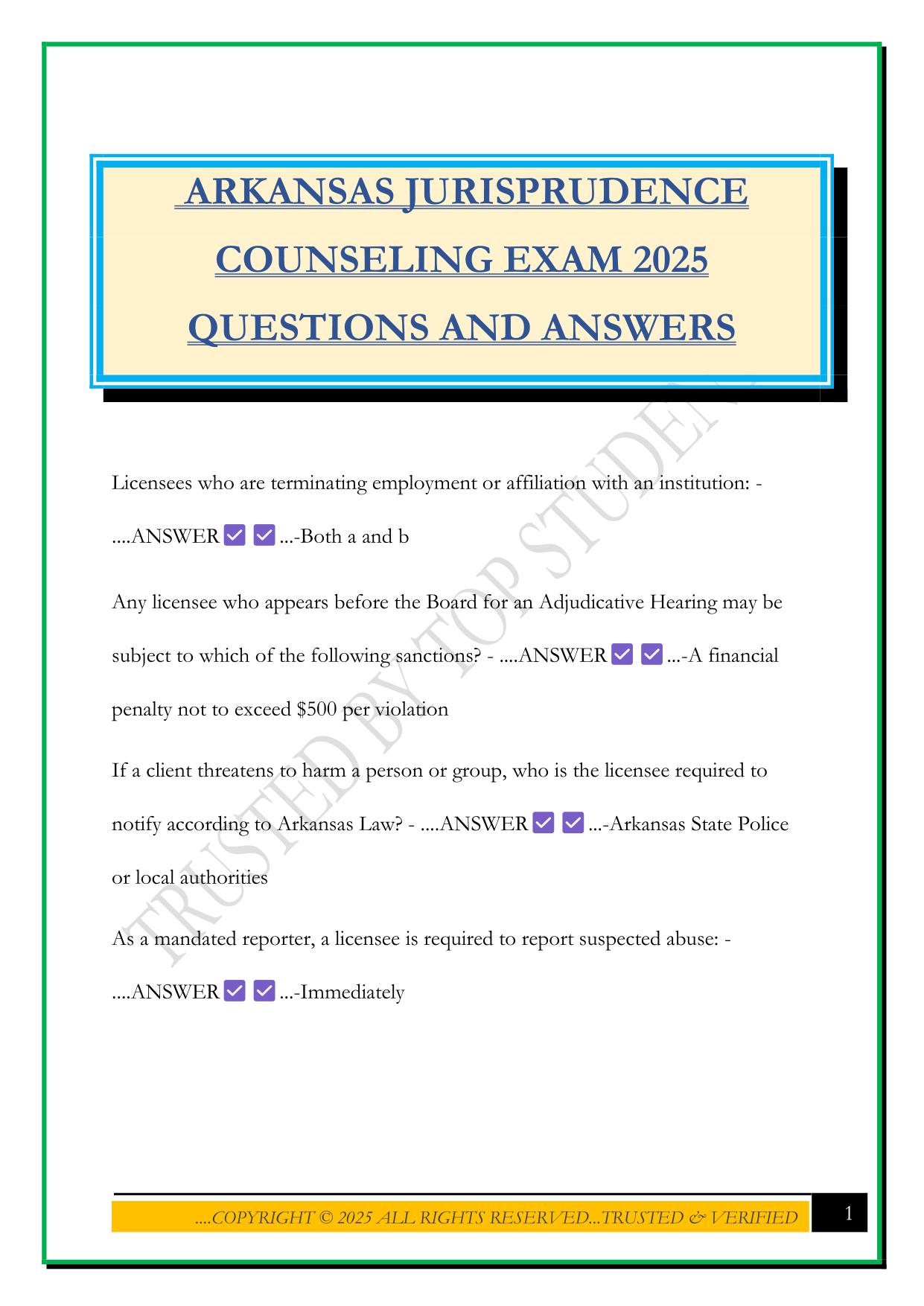 ARKANSAS JURISPRUDENCE COUNSELING EXAM 2025 QUESTIONS AND ANSWERS