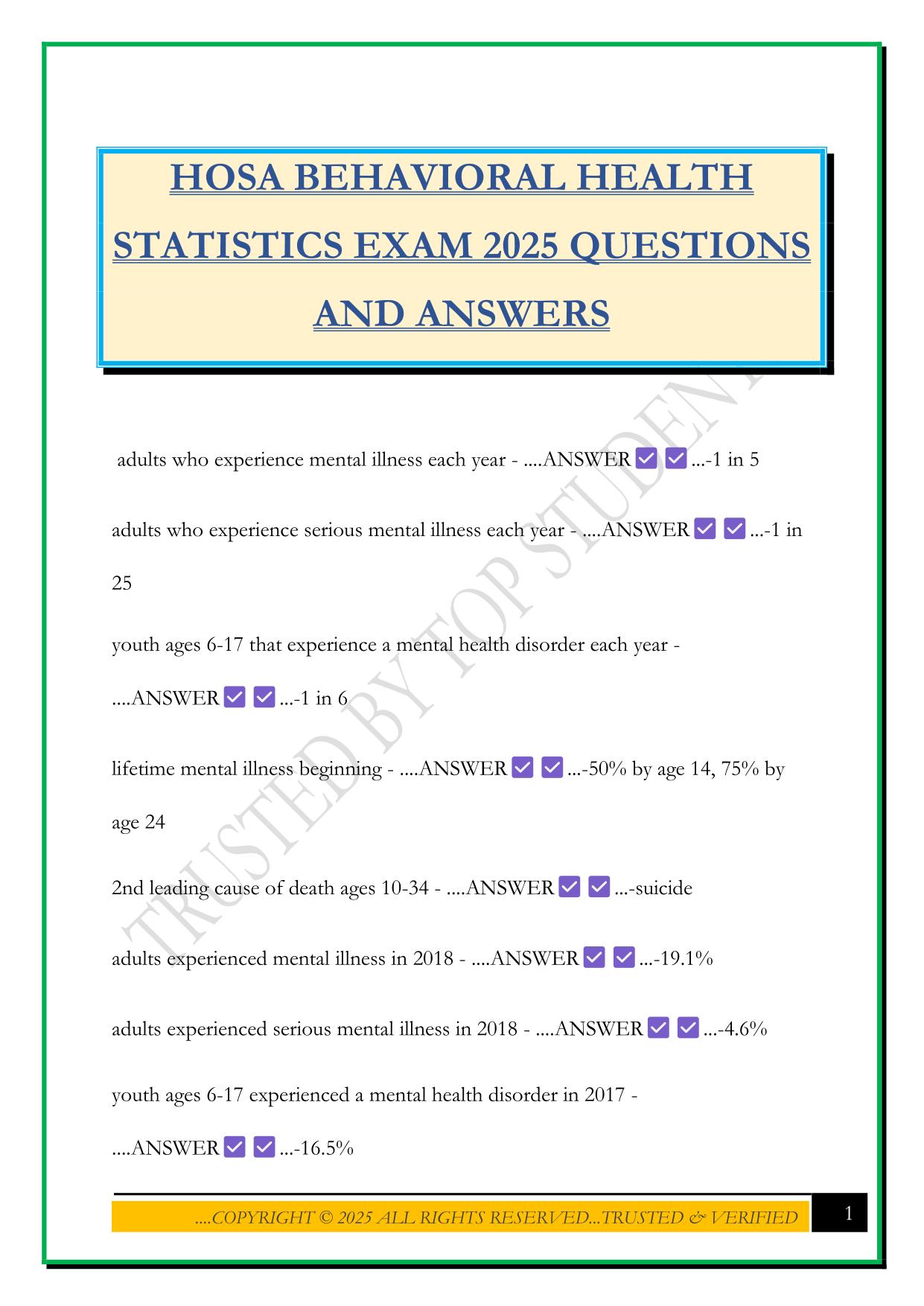 HOSA BEHAVIORAL HEALTH STATISTICS EXAM 2025 QUESTIONS AND ANSWERS