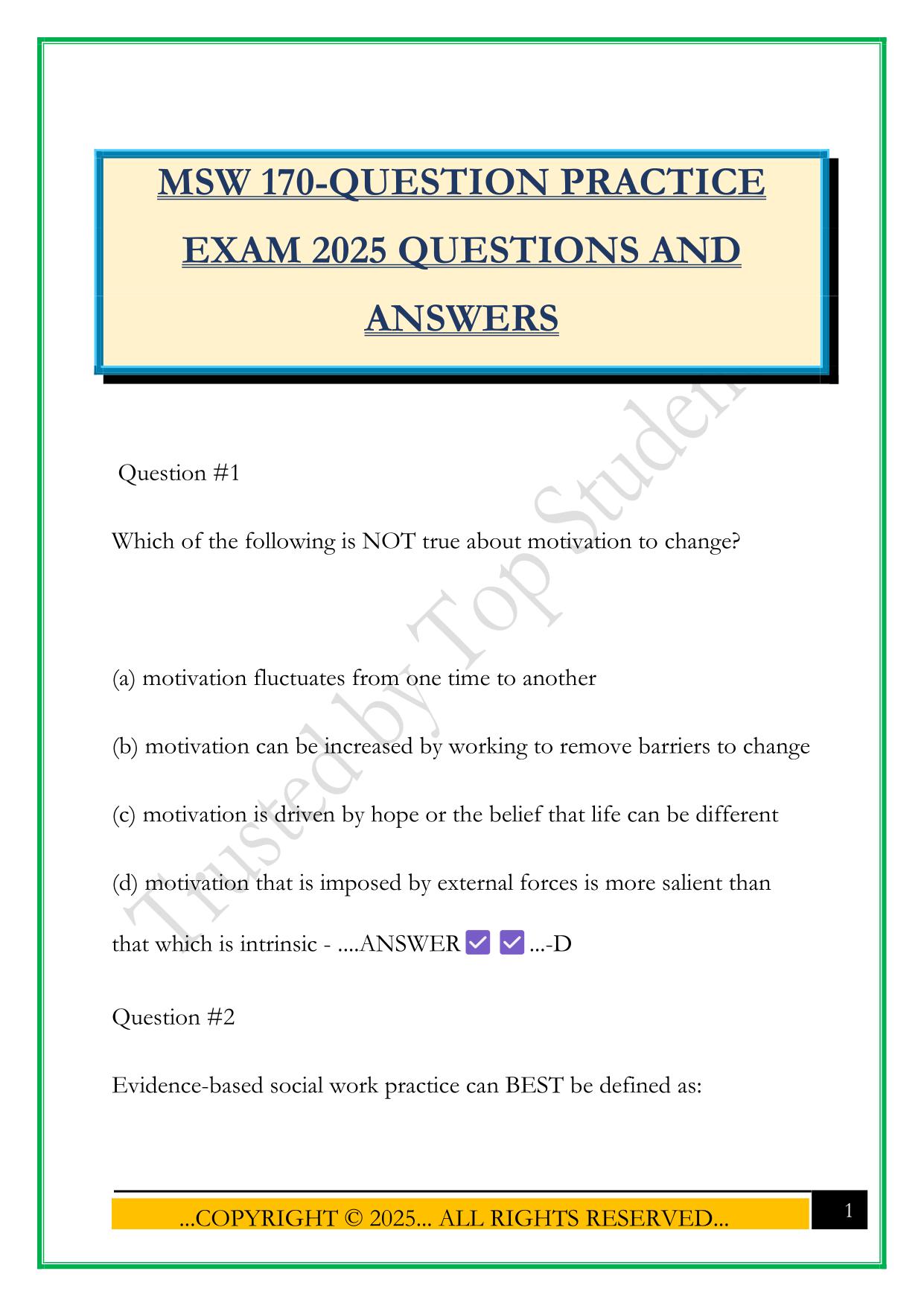 MSW 170-QUESTION PRACTICE EXAM 2025 QUESTIONS AND ANSWERS