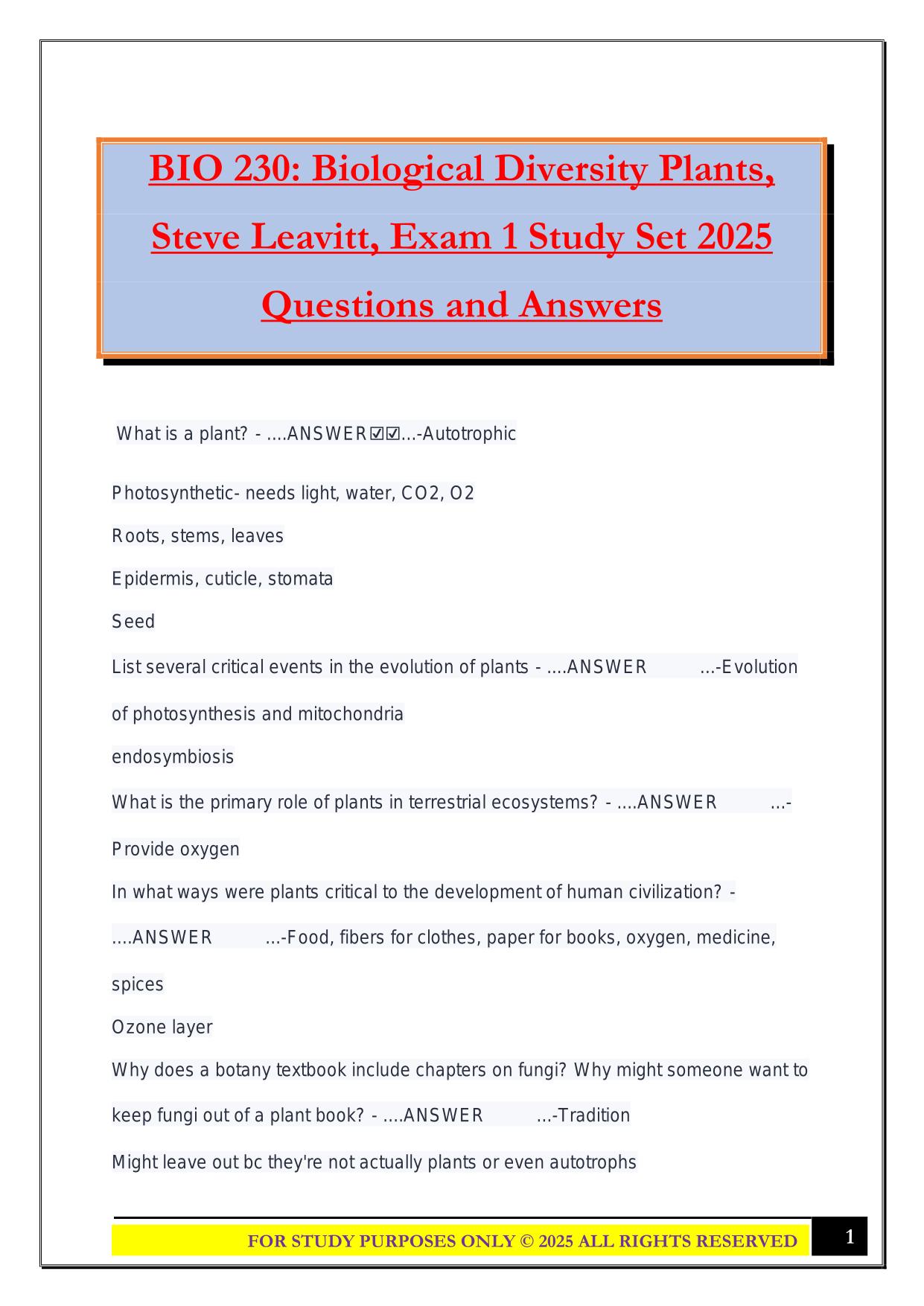 BIO 230: Biological Diversity Plants, Steve Leavitt, Exam 1 Study Set 2025 Questions and Answers