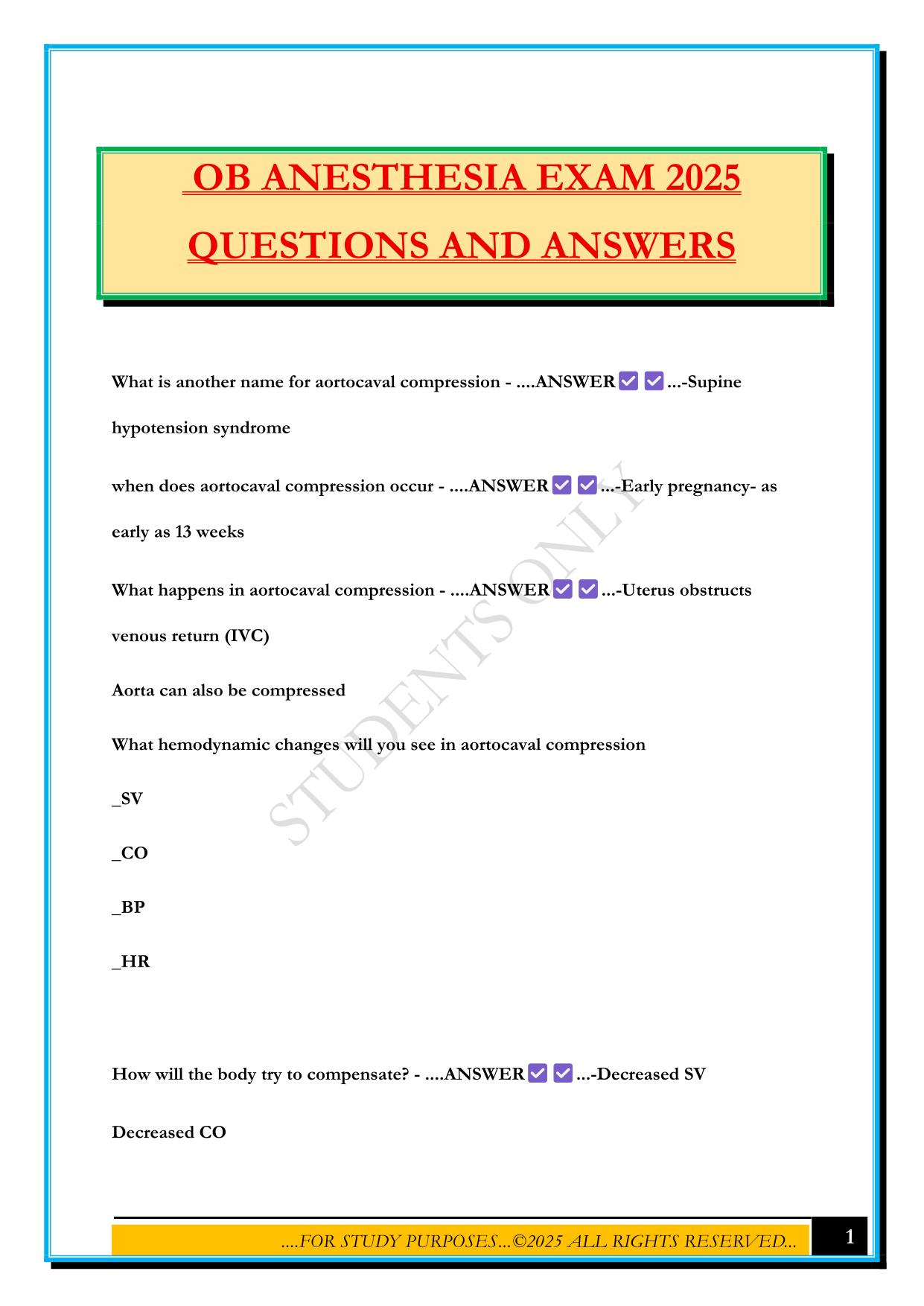 OB ANESTHESIA EXAM 2025 QUESTIONS AND ANSWERS