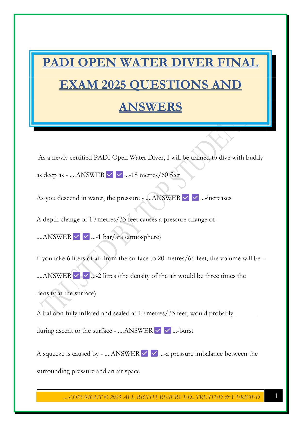 PADI OPEN WATER DIVER FINAL EXAM 2025 QUESTIONS AND ANSWERS
