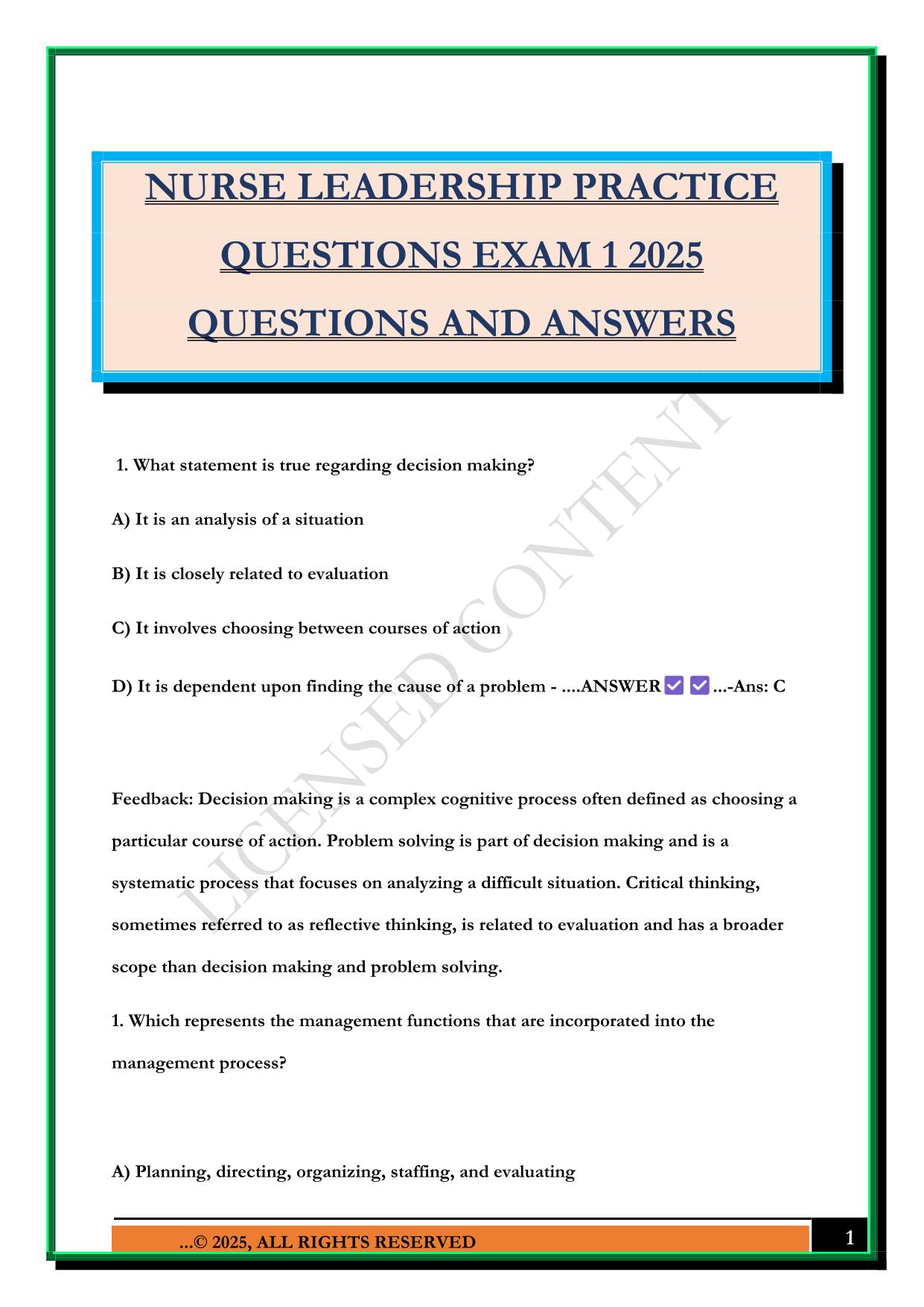 NURSE LEADERSHIP PRACTICE QUESTIONS EXAM 1 2025 QUESTIONS AND ANSWERS