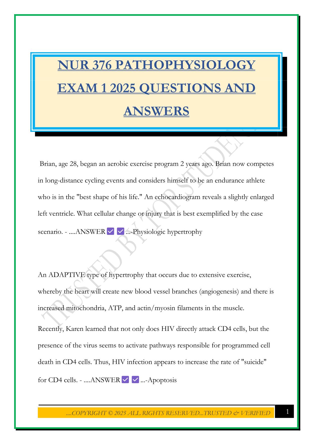 NUR 376 PATHOPHYSIOLOGY EXAM 1 2025 QUESTIONS AND ANSWERS